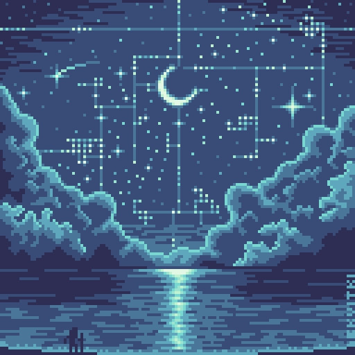 A scene featuring a man on the beach with clouds, moon, and large geometric constellation.