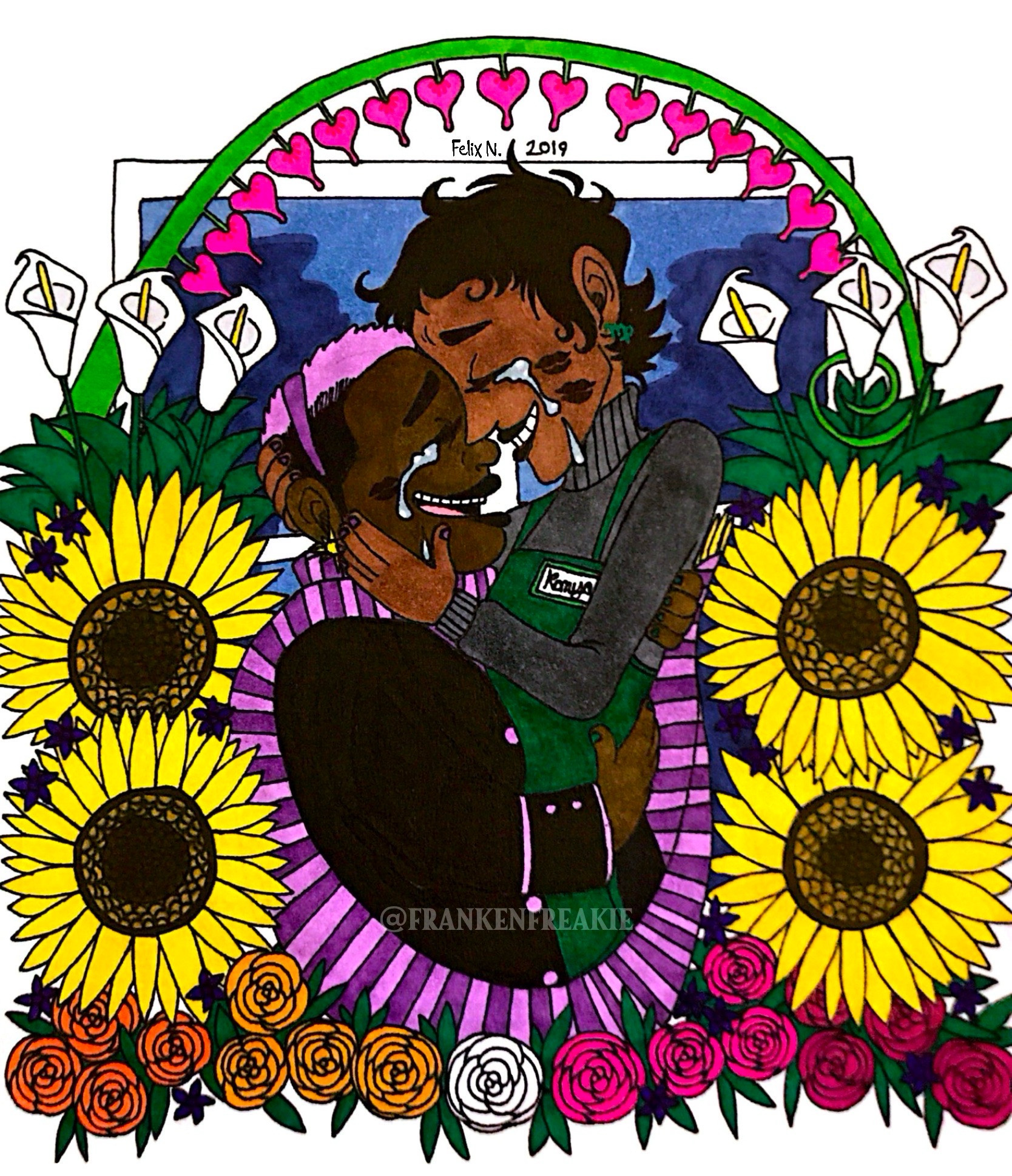 A drawing of Rose Lalonde and Kanaya Maryam from Homestuck tenderly and tearfullg embracing while surrounded by an array of flowers. Rose is short, dark skinned woman wearing a black and purple coat and striped purple scarf with lavender dyed hair and earrings resembling the sun. She has her arms wrapped around Kanaya’s midsection. Kanaya, who is now a human rather than troll, is taller and of south asian descent. She wears a green apron with a name tag over a gray turtleneck sweater with earrings resembling the astrological sign for Virgo, the apron and name tag signifying that she owns the flower shop they currently reside in. Both women wear black lipstick and have black lipstick marks on their cheeks. The flowers that surround them consist of sunflowers, calla lillies, bleeding hearts, violets, and multicolored roses that together make the colors of the orange-pink lesbian flag. At the very back is a darkened window, displaying nighttime. 