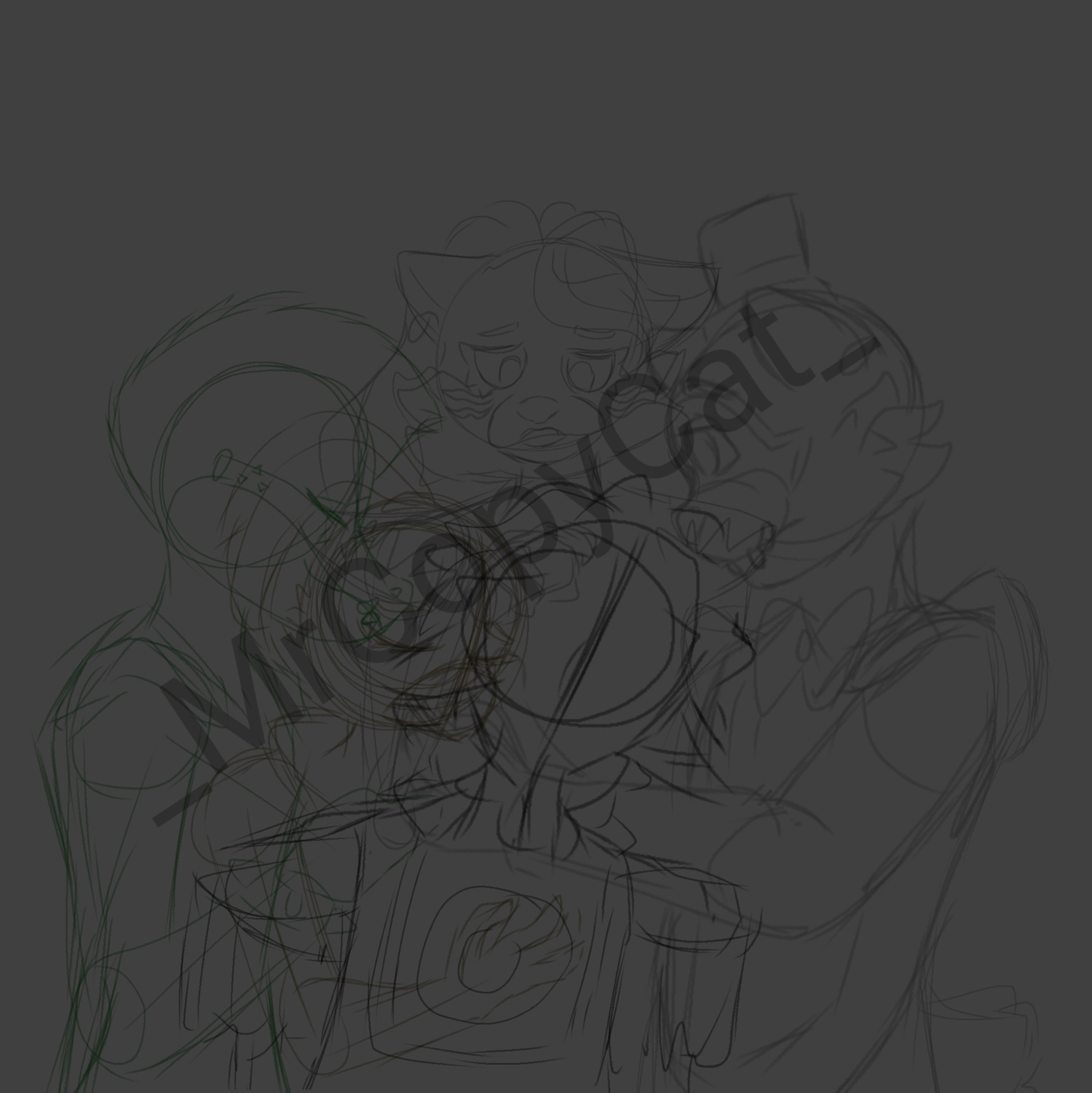 Sketch of glamrocks Freddy , glamrocks Roxy, glamrocks chica , and glamrocks Monty hugging showtime steve