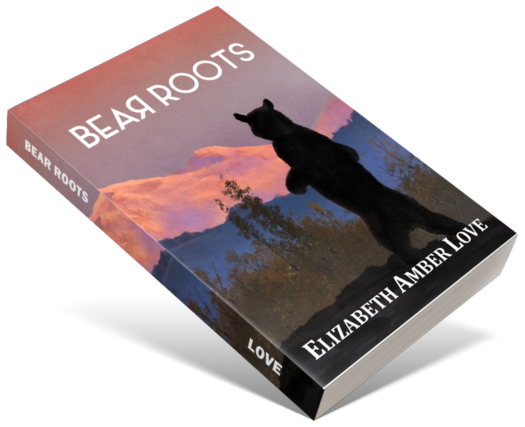 book cover: silhouette of disabled bear standing up on a mountain ridge during a pink sunset; art by Thomas Boatwright