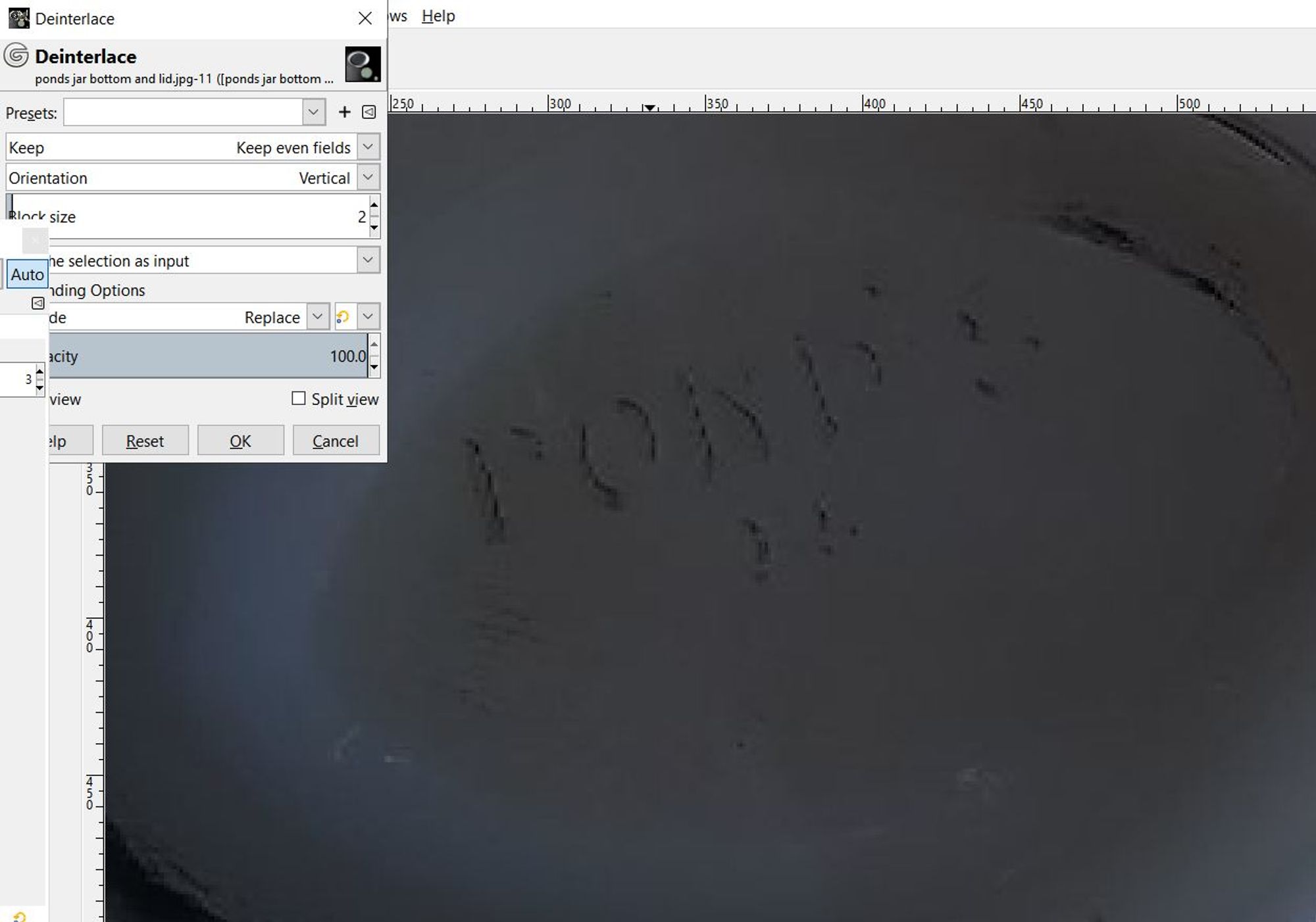 screen capture of altering the photograph of the Pond's milk glass jar bottom embossing with inverting to the negative then de-interlacing