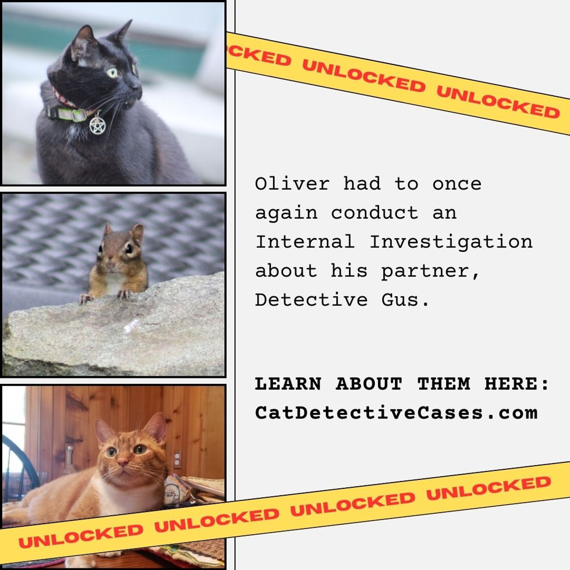 collage: 3 images on the left: black cat Gus wearing a silver pentacle collar; a chipmunk peeking up from behind a rock; orange and white tabby Oliver lying on a table; "UNLOCKED" banner tape criss-crossed over the image; text on the right: Oliver and Gus required assistance in this highly-researched mystery! LEARN ABOUT THEM HERE: CatDetectiveCases.com