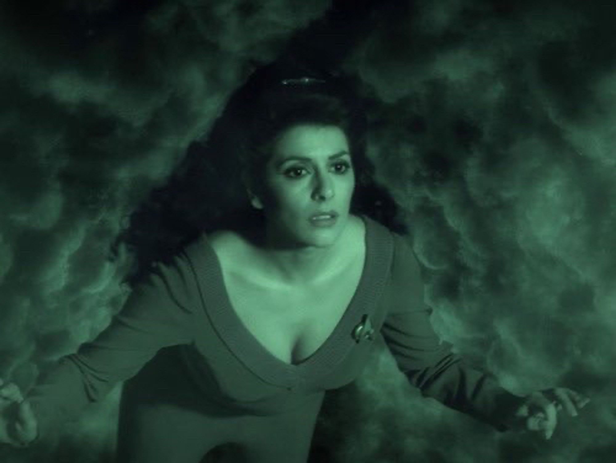 counselor troi seems to be floating thru the green gases of a haunted nebula in the next generation episode “night terrors”