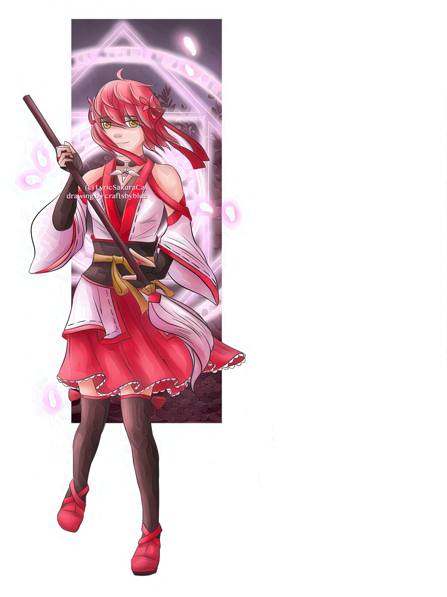 Full-body drawing of Mio Laelia, the main protagonist of LyricSakuraCat's webcomic, Sakura Breaker Laplace Archive.

In her Soul Summon form, Mio has short pink hair and gold eyes. She has two pink butterfly-shaped clips in her hair. Each clip has a red bow attached to it.

Mio is wearing an elegant dress that's reminiscent of a Japanese shrine maiden outfit. Her dress is predominantly white and pink, with a red collar and trim. Her collar, sash, leggings, gloves, and the inner layer of her dress are black. A winged pendant with a red central gem is attached to Mio's collar, and yellow ribbon is tied around the center of her sash.

Mio is facing the camera and has a slight smile on her face. She is holding a large paint brush in her hands. An elaborate, pink magical circle can be seen in the background behind her, and glowing flower petals are floating around her.