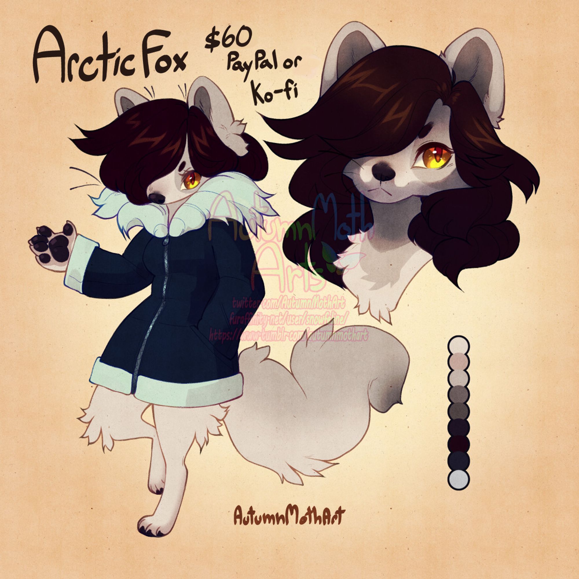 digital drawing of an anthropomorphic arctic fox with dark brown hair, in a blue coat with fluffy white trim. this character is for sale. Text at the top reads: Arctic fox, $60, PayPal or ko-fi. Bottom Text reads: AutumnMothArt