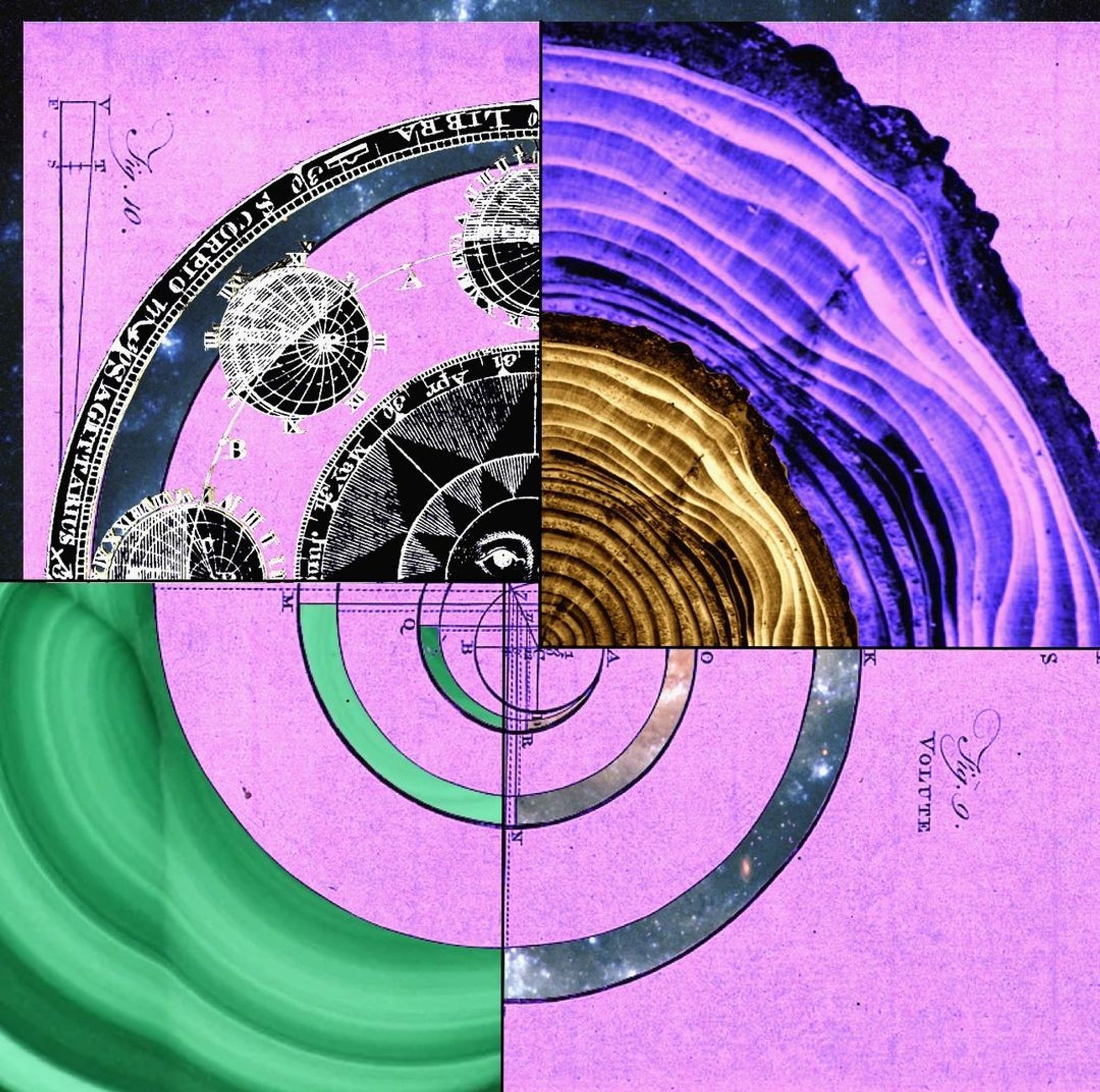 A diagram of a volute intersected by wood grain, malachite, a zodiac wheel, and galactic spirals.