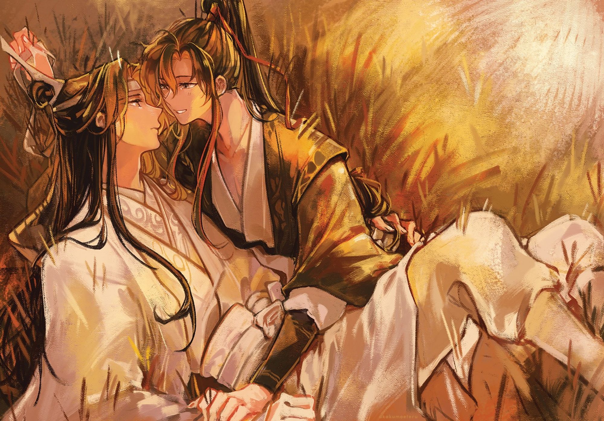 An illustration depicting the haystack scene from MDZS JP audio drama Season 2 Part 2 Episode 16. WWX leans over LWJ, whispering his name as they hide behind a haystack. Originally drawn for the 2023 JP audio drama illustration contest, an edited version was included in volume 3 of MDZS's French edition.