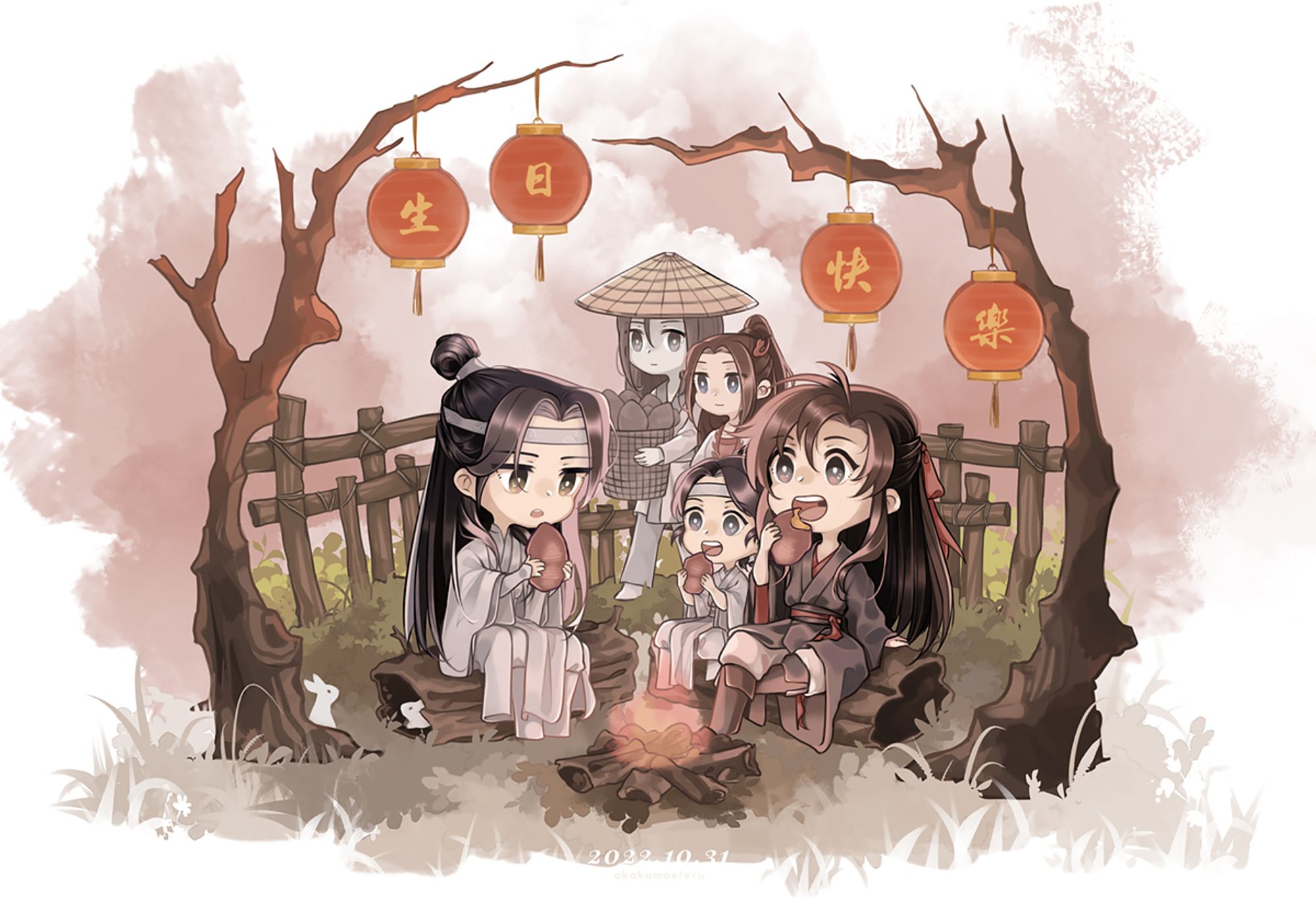 Chibi illustration from 2022 of WX and A-yuan sitting on two logs around a campfire, eating roasted sweet potatoes. LWJ is sitting primly across from WWX, who is leaning back casually. A-yuan is copying LWJ's sitting pose but has his legs up like WWX. Wen Ning is with Wen Qing off in the distance, carrying more potatoes. Happy birthday, WWX. May you get to eat many more potatoes!