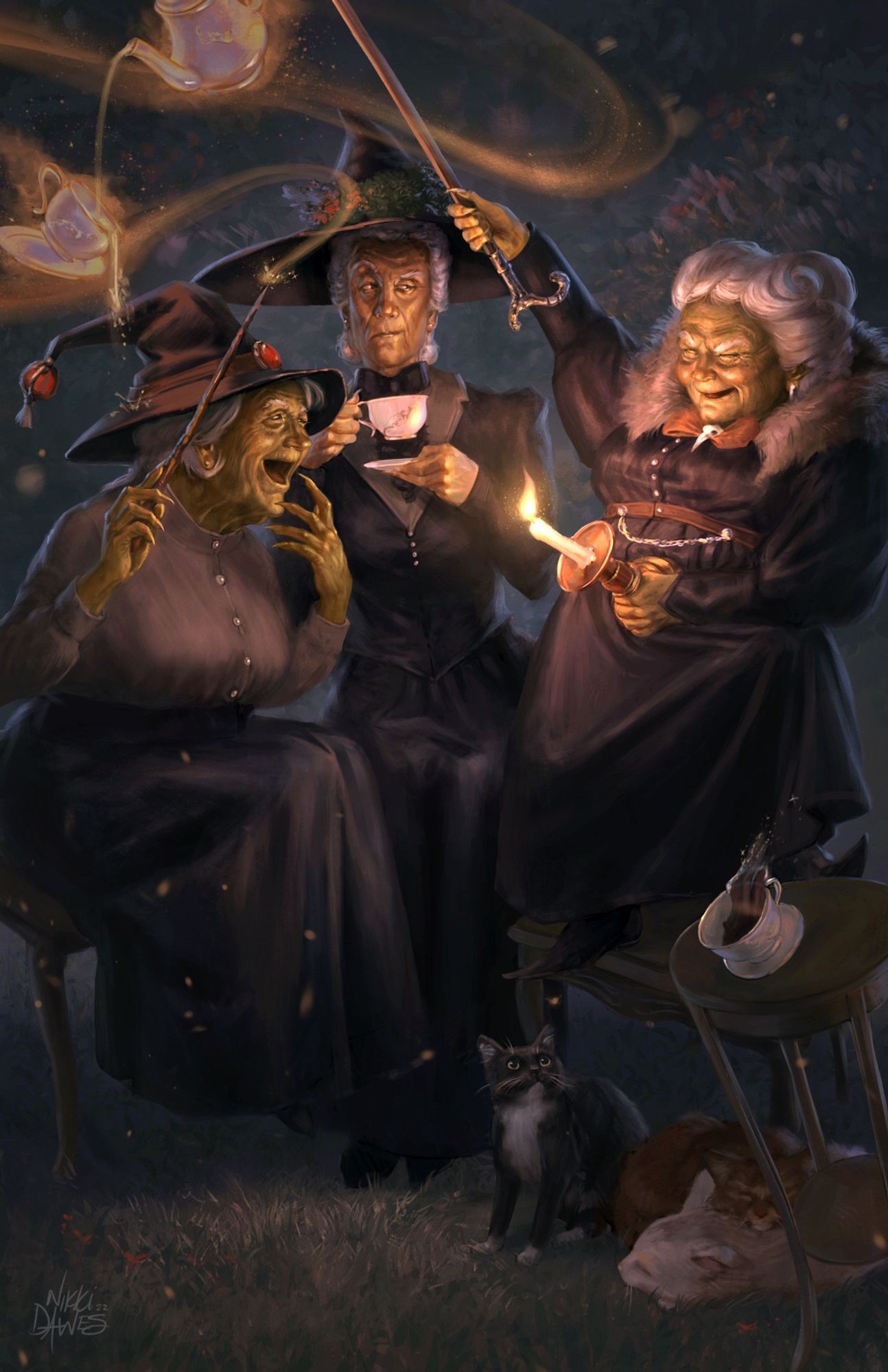 A group of three older witches having a garden party and drinking tea. One witch is making a vulgar gesture with a candle stick as the other two look ok in amusement. 