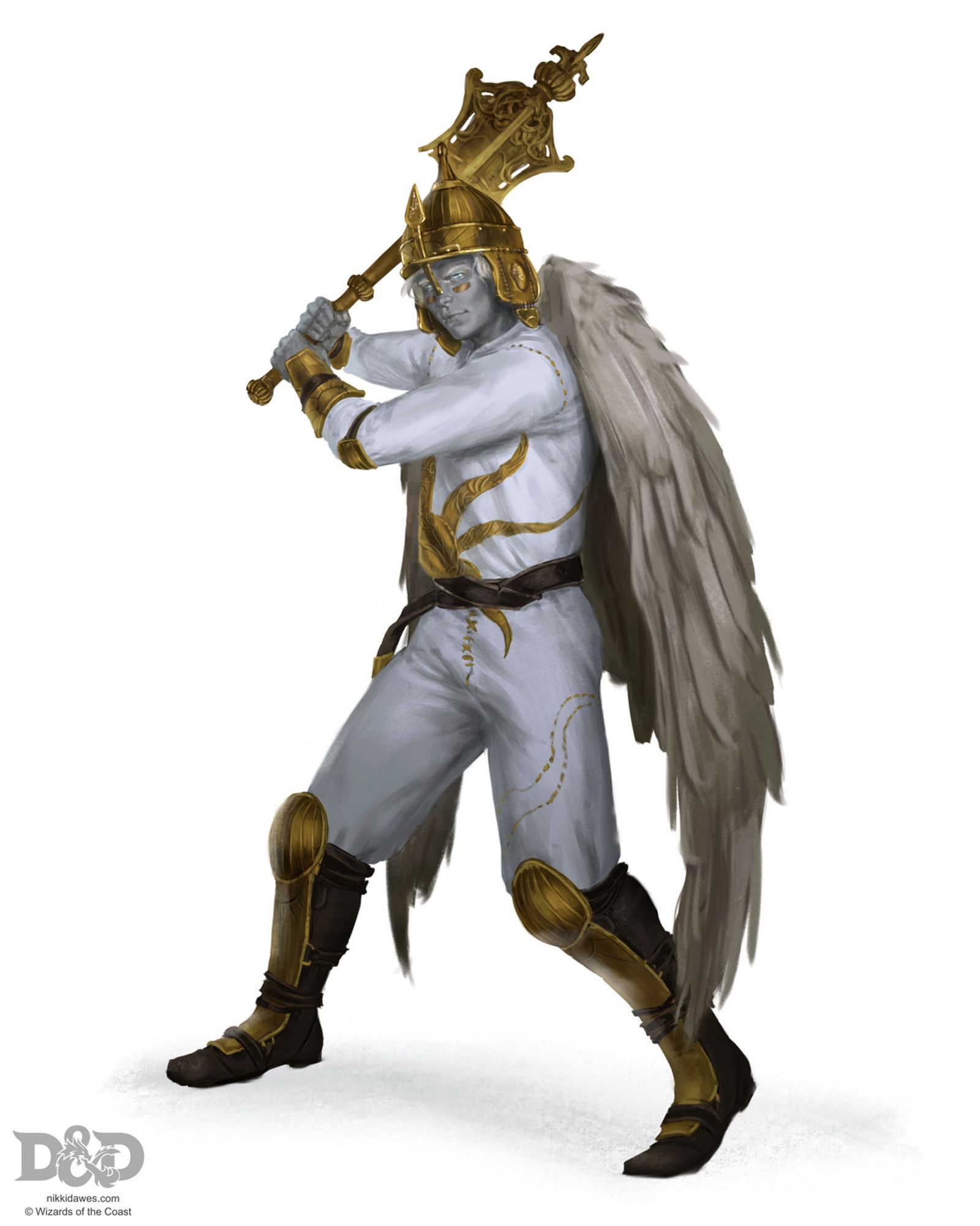 A deva wielding a brass mace as if it were a baseball bat. They also wear brass armor that is styled like baseball gear and gold painted under their eyes. There is a sun pattern stitched on their “baseball” jersey.