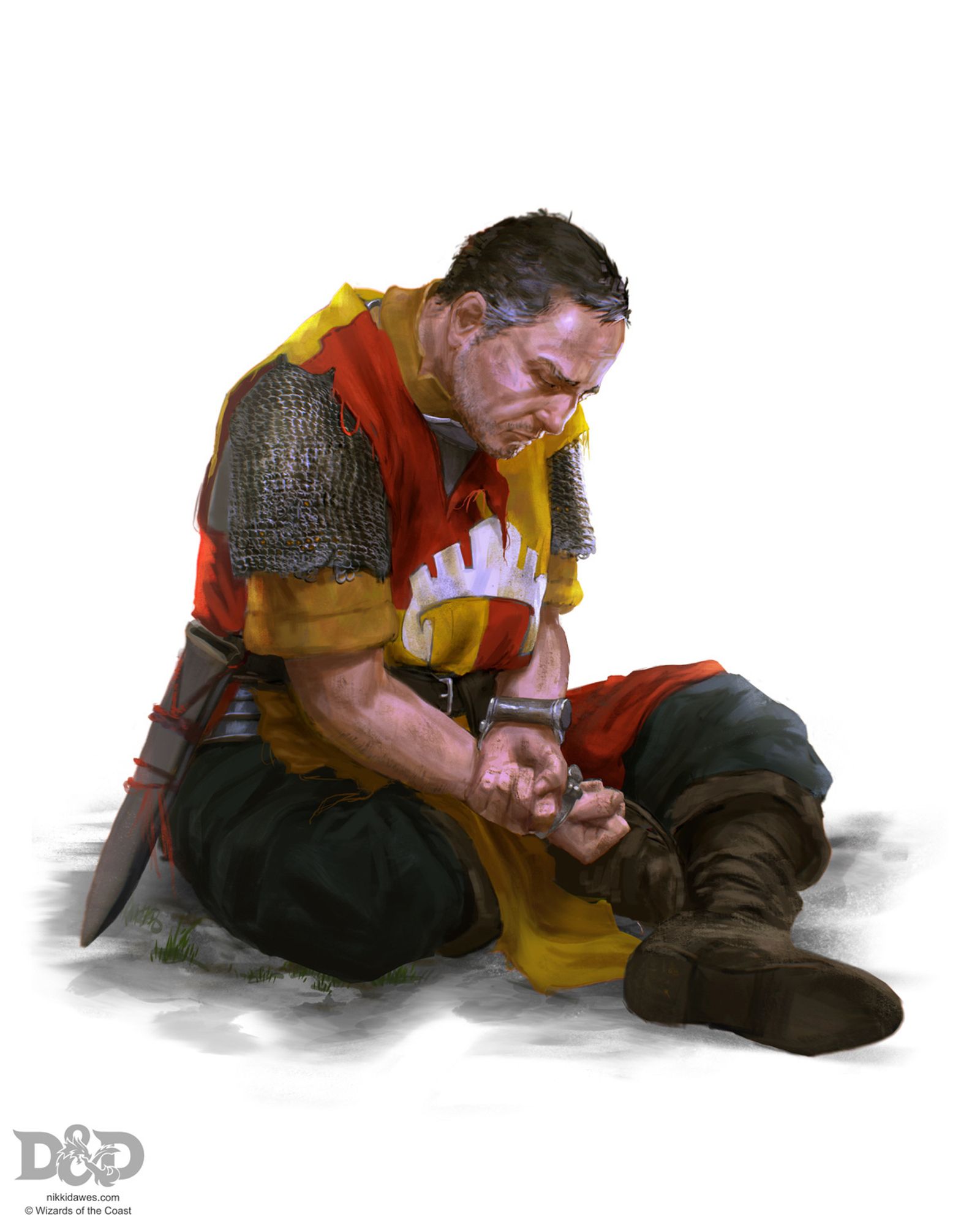 A middled aged human soldier sits in a resigned pose. He is disarmed and handcuffed. He is dirty and his tabard is torn.