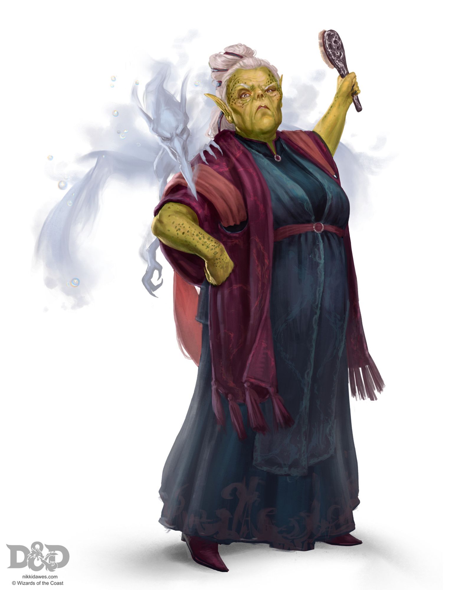 An older Githyanki woman sneering and holding a hairbrush aloft as if ready to strike you if you step out of line. She has a mephit peering over her shoulder made of steam and bubbles.