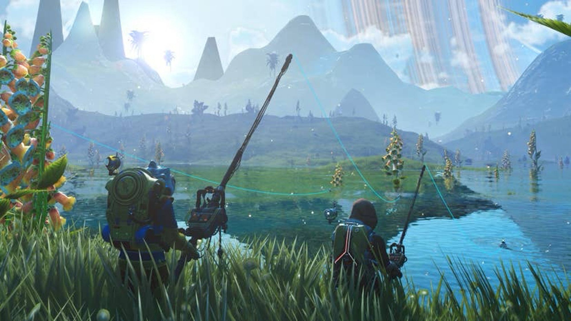 Screenshot of a beautiful alien planet from No Man’s Sky. A pair of space explorers are fishing in a placid lake