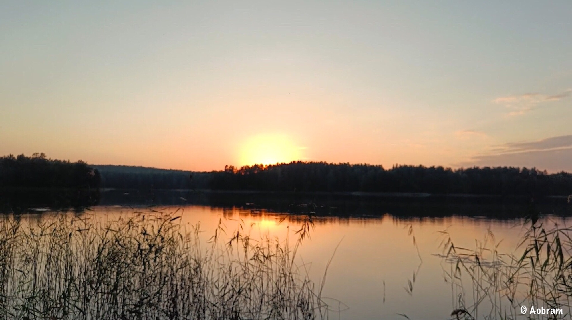 Ondergaande zon half achter donkere horizon weerspiegelend in meer met rietkraag op de voorgrond.