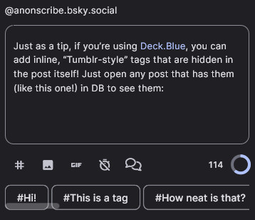 Deck.blue post editor with this post’s text and some tags added