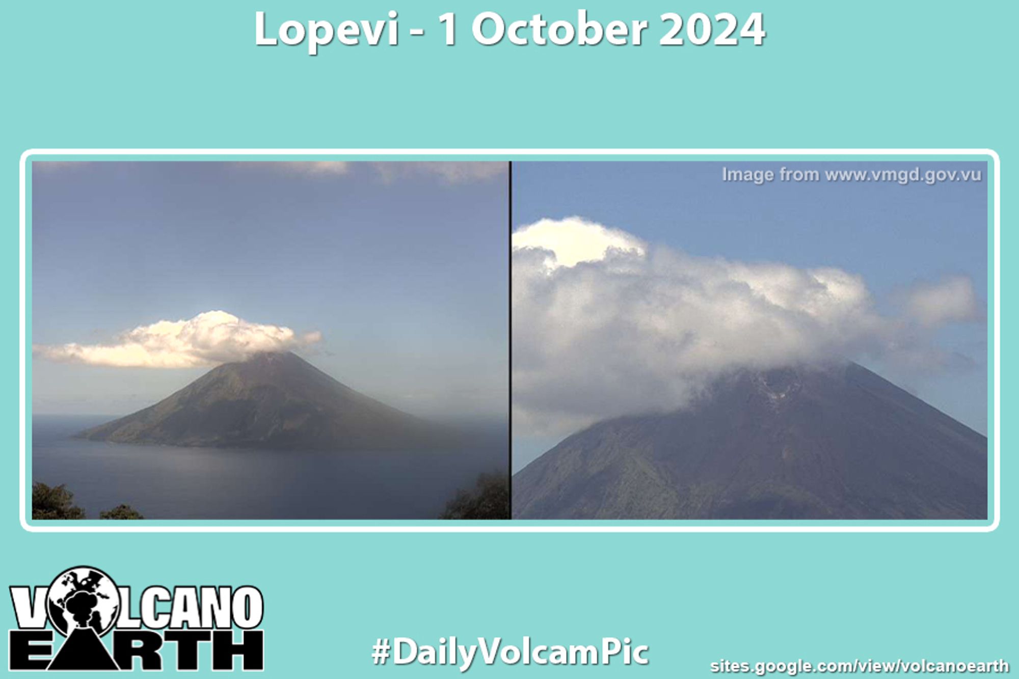 Webcam image of Lopevi. A wide angle view of the volcano on the left includes part of the 7 km of South Pacific Ocean that lies between it and Paama island to the west. A zoomed-in view on the right shows the summit with a gathering of clouds most probably of meteorological rather than volcanological origin.