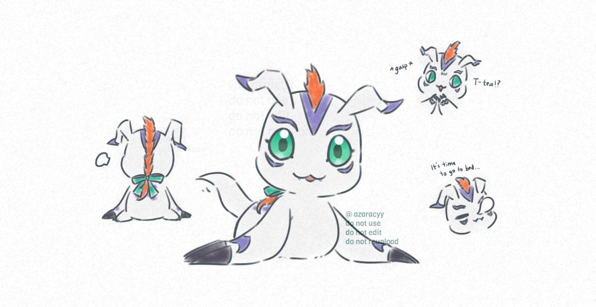 doodles of my digisona, a gomamon with emerald-green eyes and orange mohawk-like hair that is somewhat longer than typical gomamon, tied with a ribbon that is the same green as its eyes.