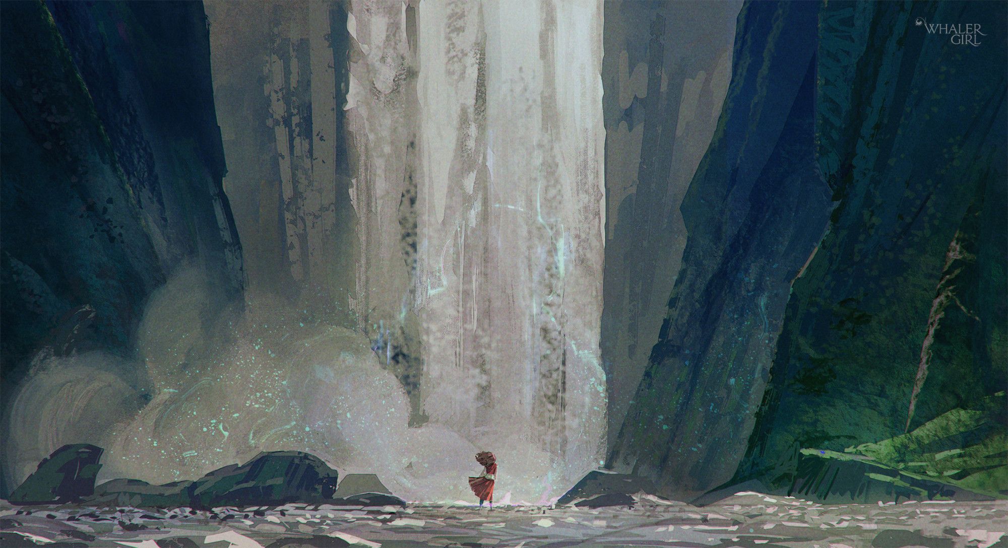 digital painting of a hgue waterfall, with the tiny figure of a human woman at it's base, her dress and hair blowing in the force of the water hitting the floor. Either side of the waterfalls are sloping green cliffsides. The mist has a very faint magical auro in it.