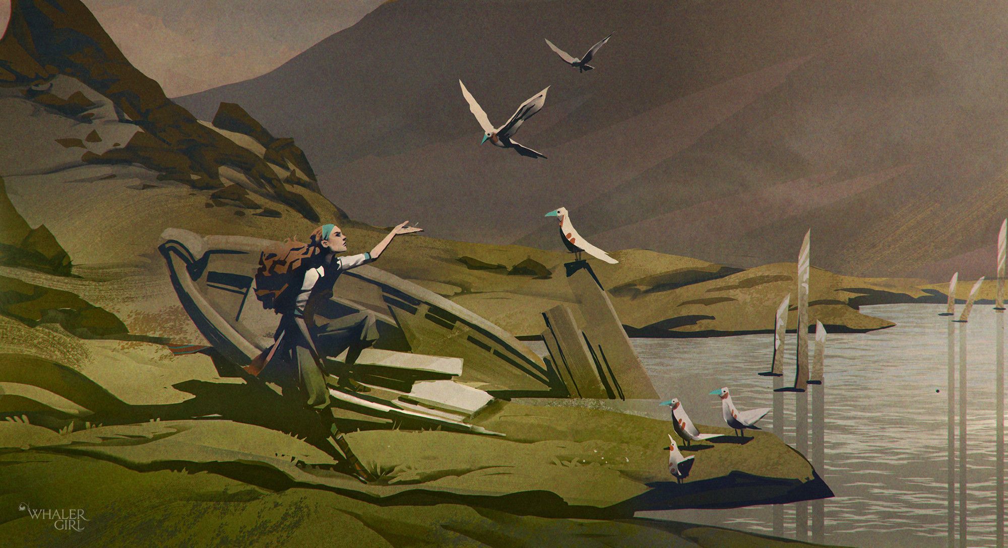 painting of a woman sitting in a ruining row boat by a lake in moorland. She has her hand outstretched to the birds nearby.