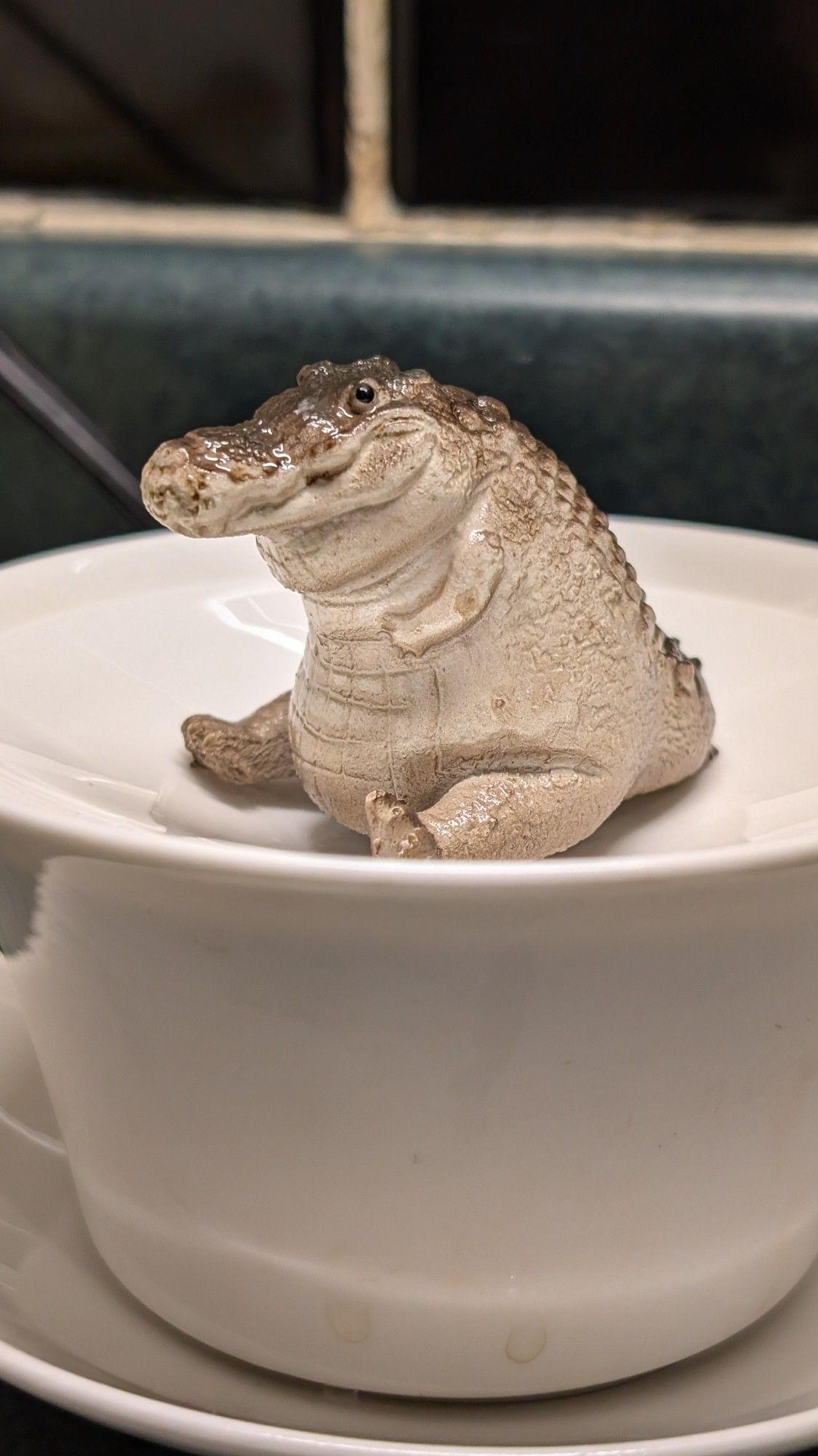 A chubby little crocodile figure.