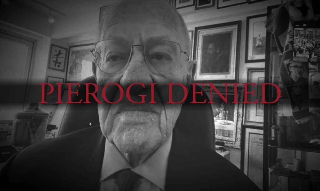 Alan Dershowitz with Dark Souls "PIEROGI DENIED" text superimposed