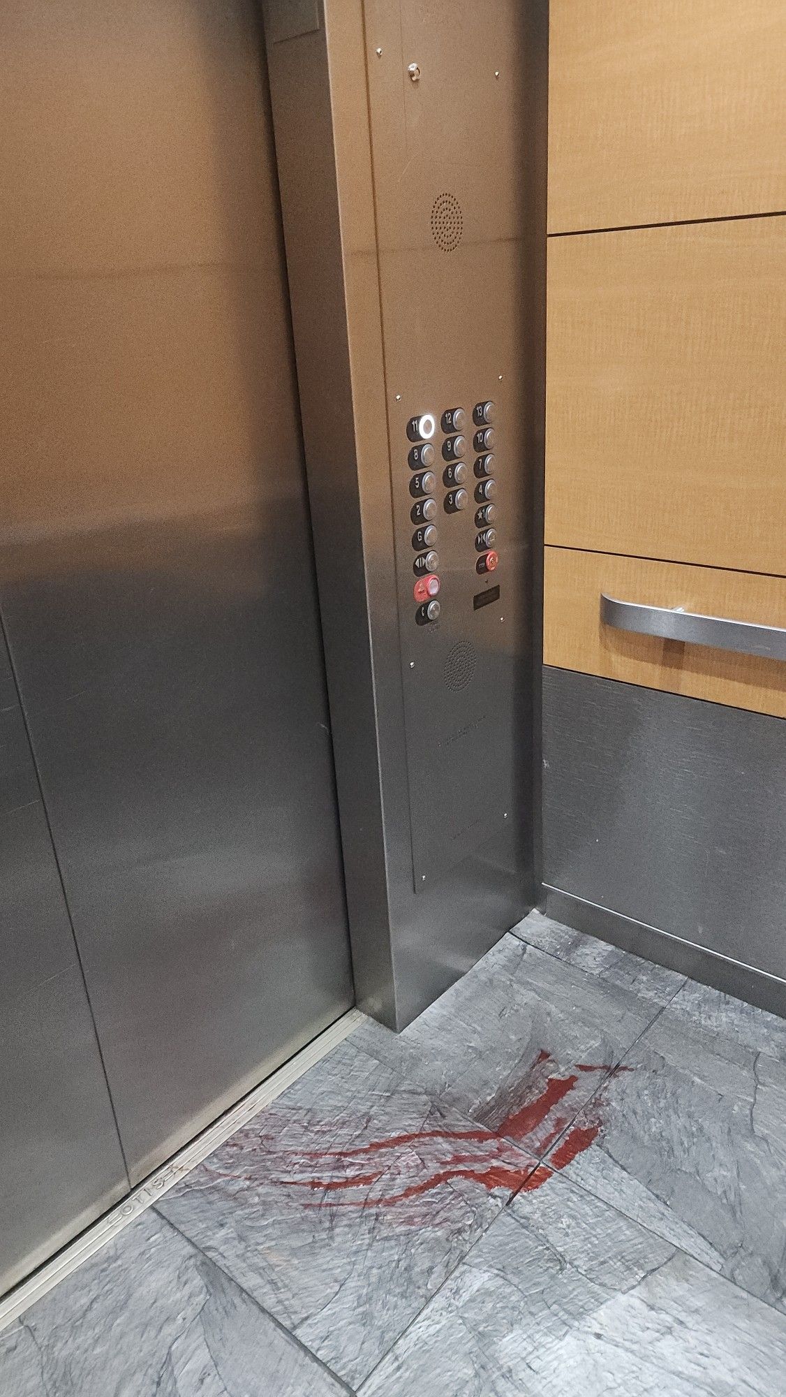 The interior of an elevator car, a red fluid is smeared on the floor