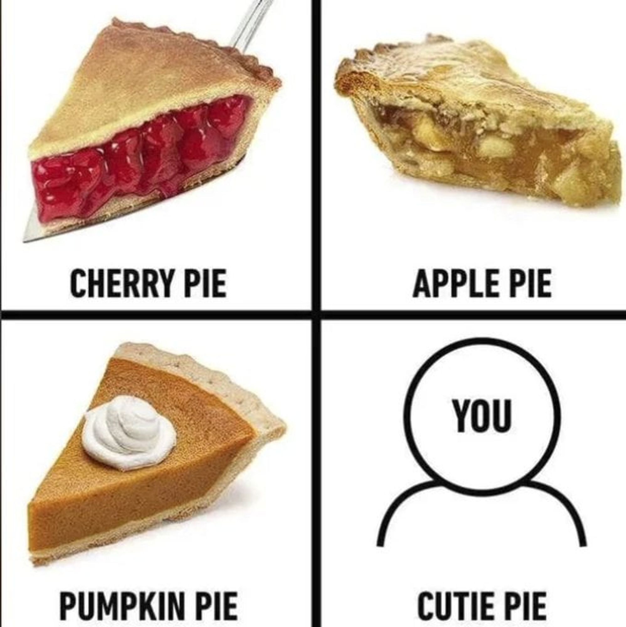 Meme in vier panels: links oben ein Kirschkuchen, darunter steht "Cherry pie", rechts oben ein Apfelkuchen mit Beschriftung "Apple pie". Links unten ist ein Kürbiskuchen, beschriftet mit "pumpkin pie", rechts unten ein Piktogramm einer Person, die am Kopf "you" stehen hat, unter ihr steht "cutie pie".