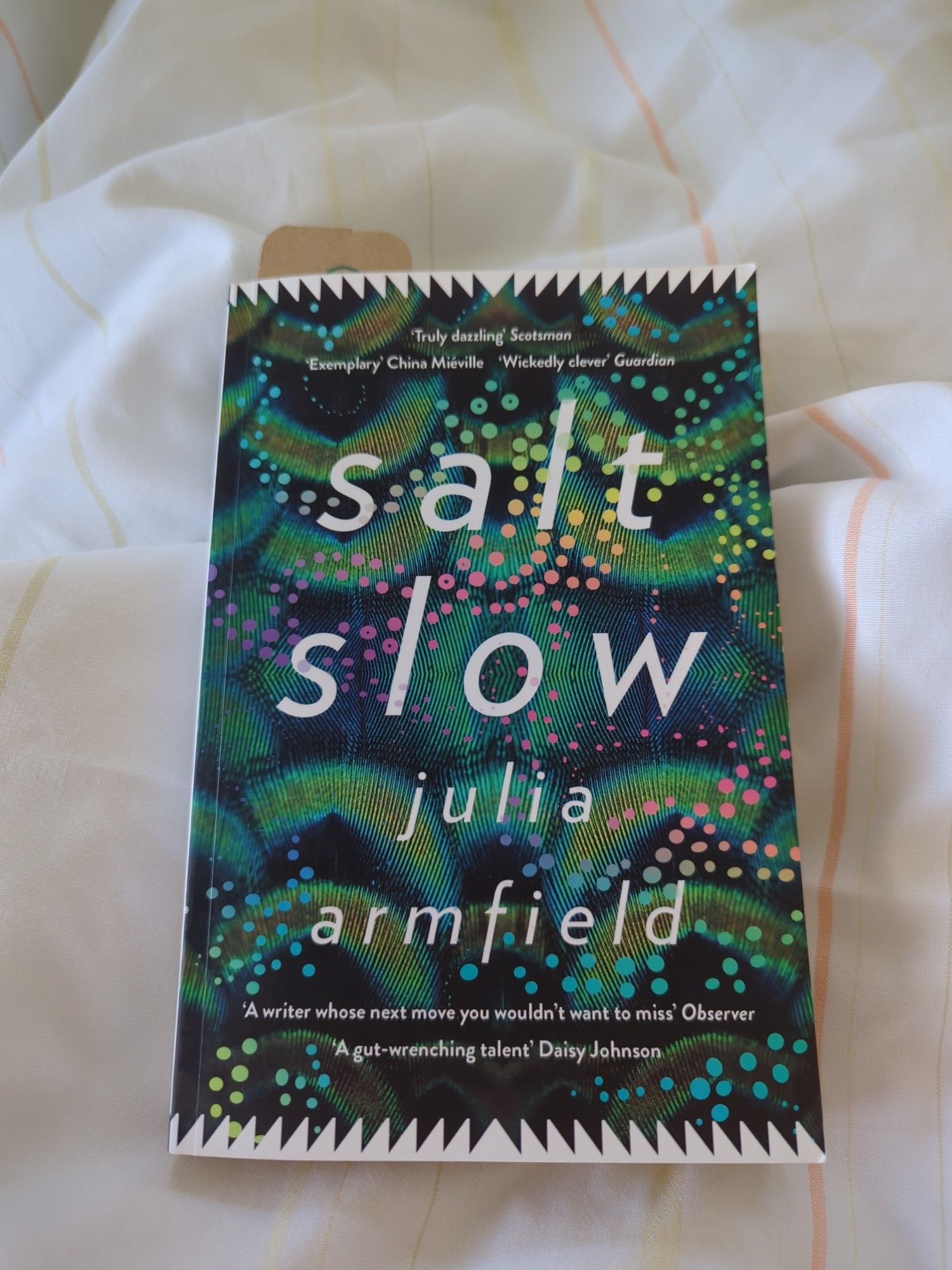 Ein Buch liegt auf einer weißen Bettdecke. Das Cover ist grün gemustert mit bunten Punkten, darüber der Titel "salt slow". Autorin "julia armfield" darunter.