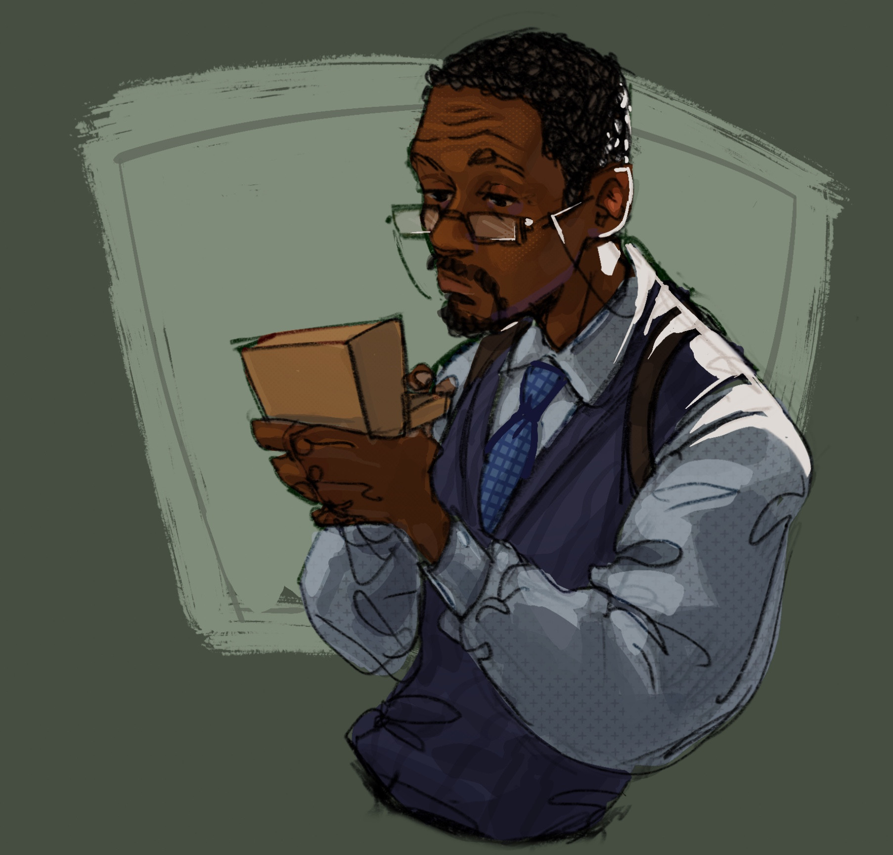 Half body drawing of Lester Freaman from The Wire, he’s wearing a blue vest with a white shirt and light blue tie. He’s working on a toy drawer wearing his glasses 