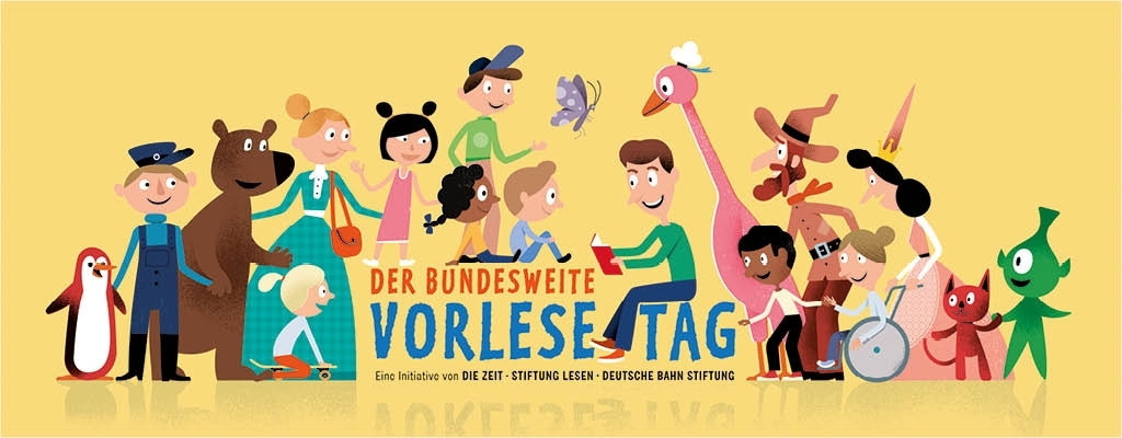 Illustration und Schriftzug zum bundesweiten Vorlesetag
© DIE ZEIT/Stiftung Lesen/Deutsche Bahn Stiftung