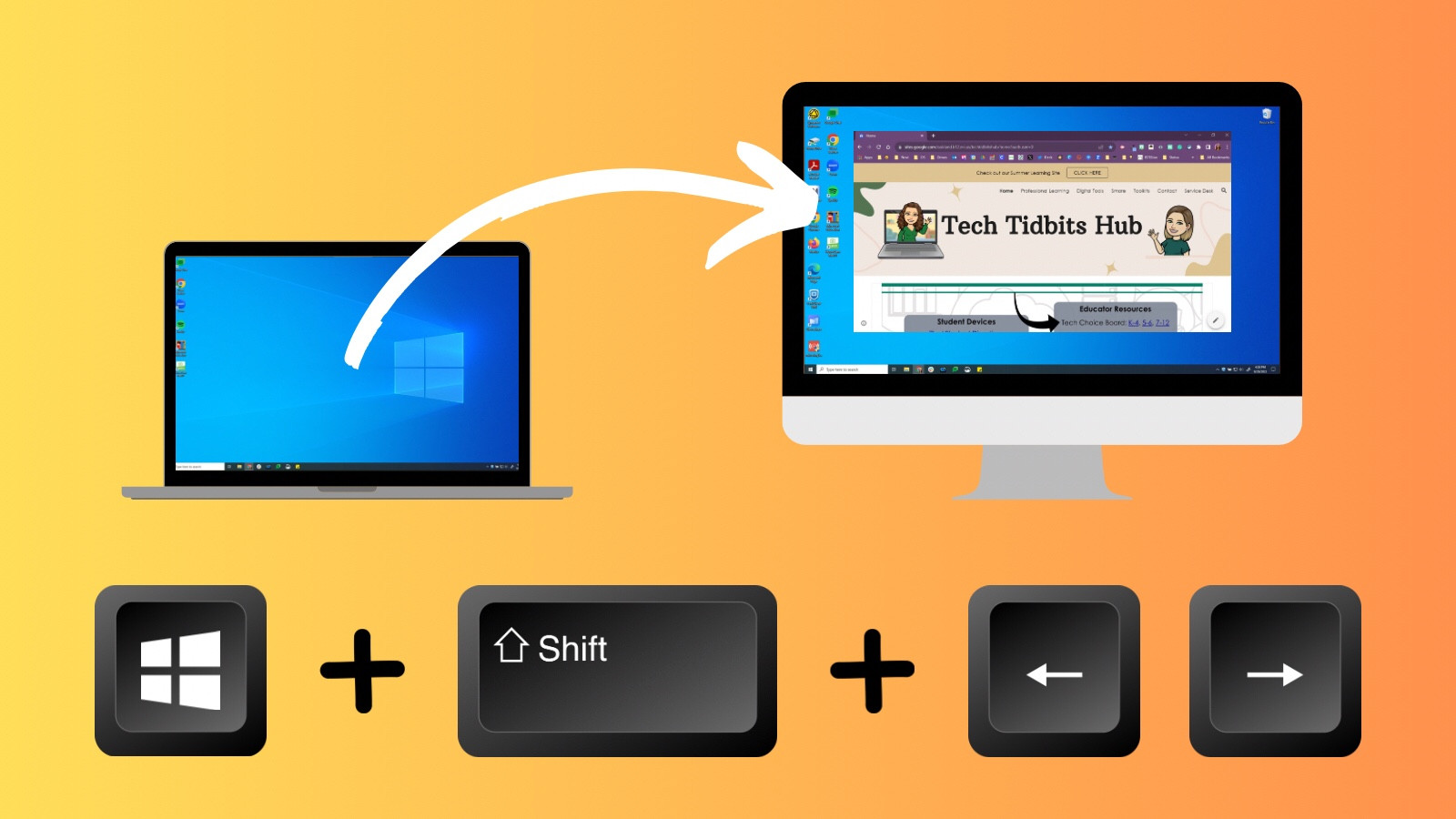 Image of a laptop with a curved arrow to a monitor with a window open. Underneath is the keyboard shortcut: windows key + shift key + left arrow or right arrow.