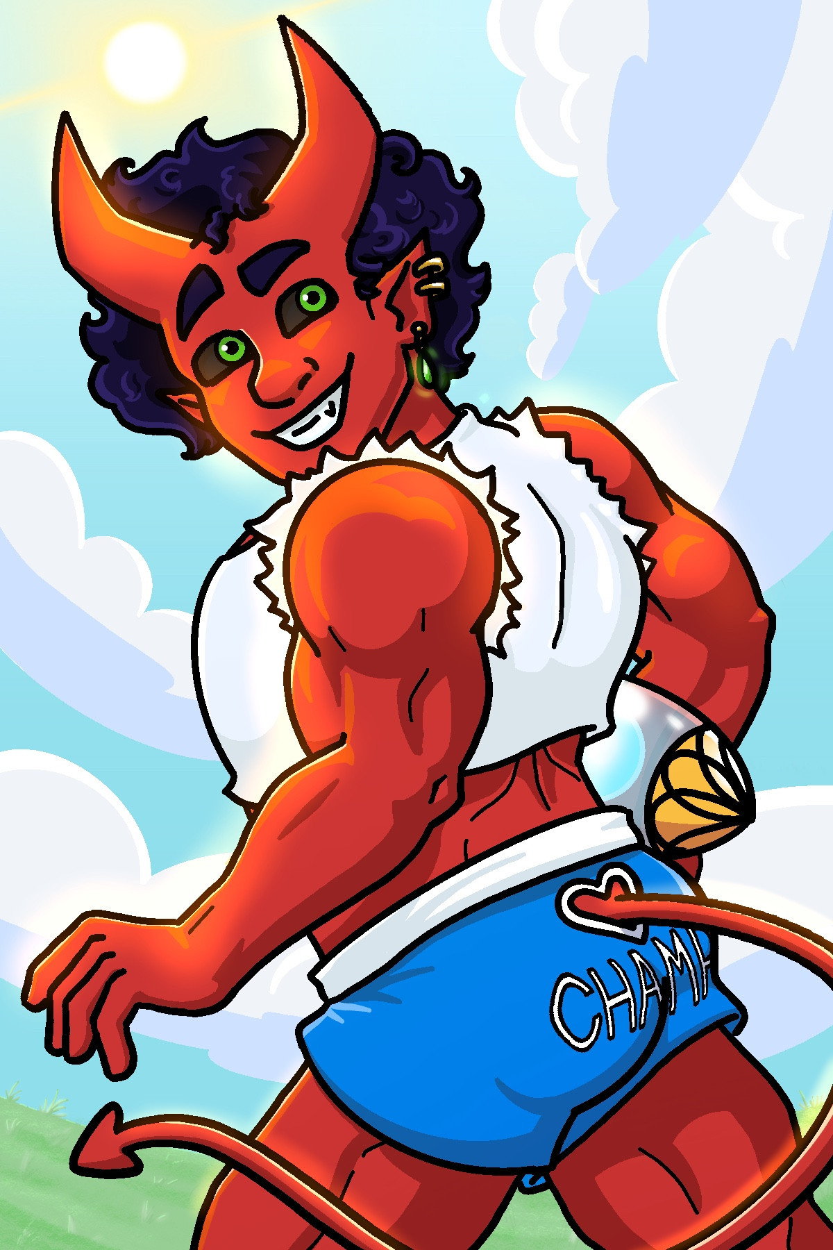 A drawing of a muscular red tiefling with a devil tail. They have black sclera and green pupils, large horns, and curly black hair. They're wearing a cropped white t shirt with the sleeves torn off, and blue booty shorts with the words "champ" on them (and a heart shaped hole cut out for their tail to stick through). They have 2 cartilage piercings and one lobe piercing with a dangling green earring in. They are looking back over their shoulder and holding a magical football shaped object. The background is a fish eye view of a field with a blue sky with clouds and the sun placed between Champ's horns.