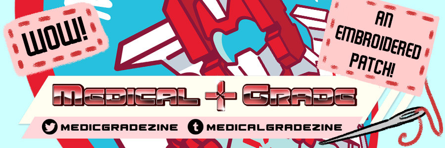 a preview of a circular patch of first aid for the medical grade transformers zine. Text over top reads "Wow!" and "An embroidered patch!" the boxes around the text are light pink squares with red dashes as though they are sewn. A needle and thread pops out behind one. over top it is the medical grade zine logo, and the twitter and tumblr handles for the zine. 
twitter: medicgradezine 
tumblr: medicalgradezine