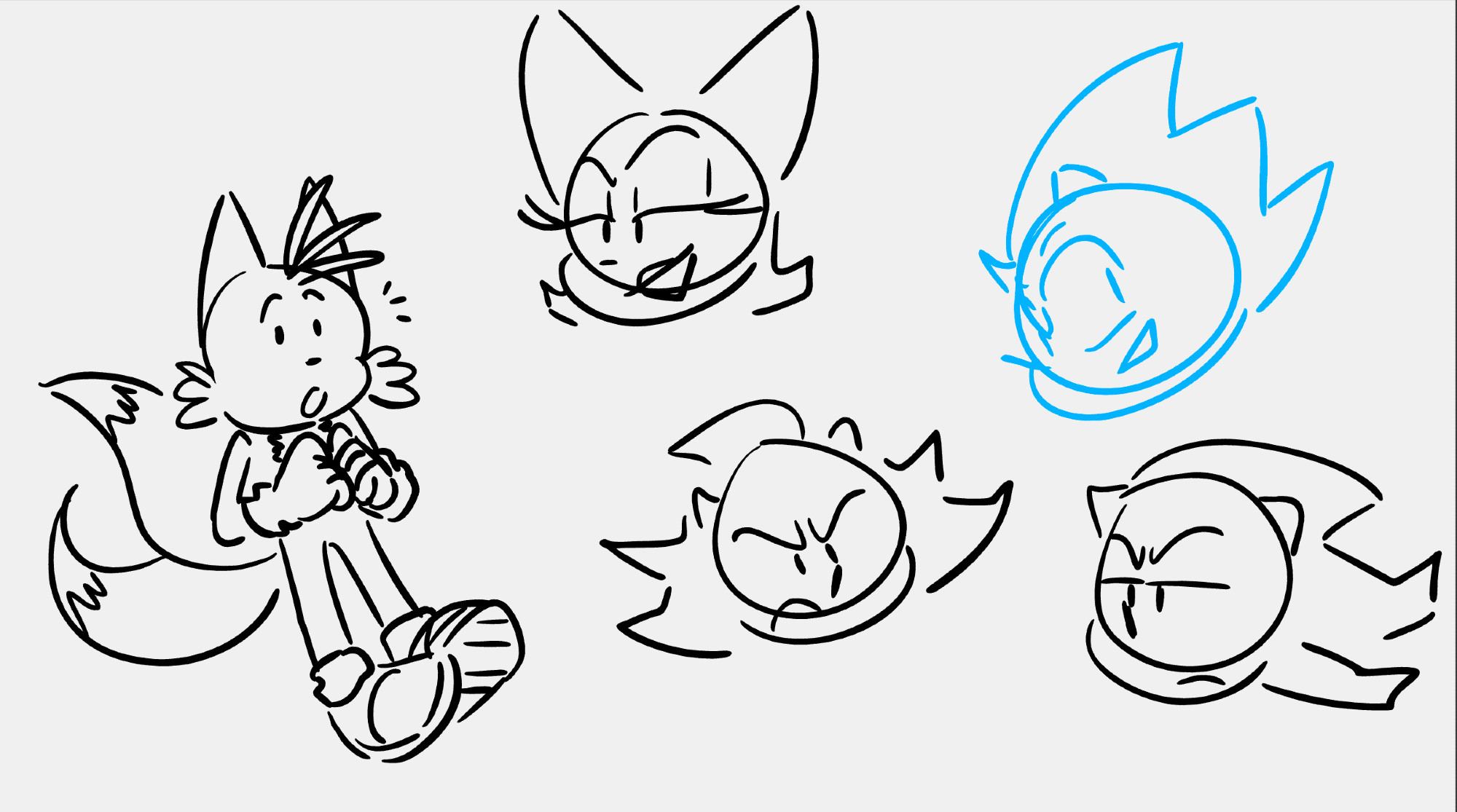 5 simple shorthand drawings of different sonic characters. 

1st on the left is tails, who is standing straight up and has a surprised expression. 

Middle top is a black line doodle of Rouge the bat's face, smiling with one eyebrow raised 
Middle bottom is of shadow frowning and looking angry. 

Right top is a blue line portrait of sonic looking to the side.
Right bottom is a portrait of shadow looking annoyed.