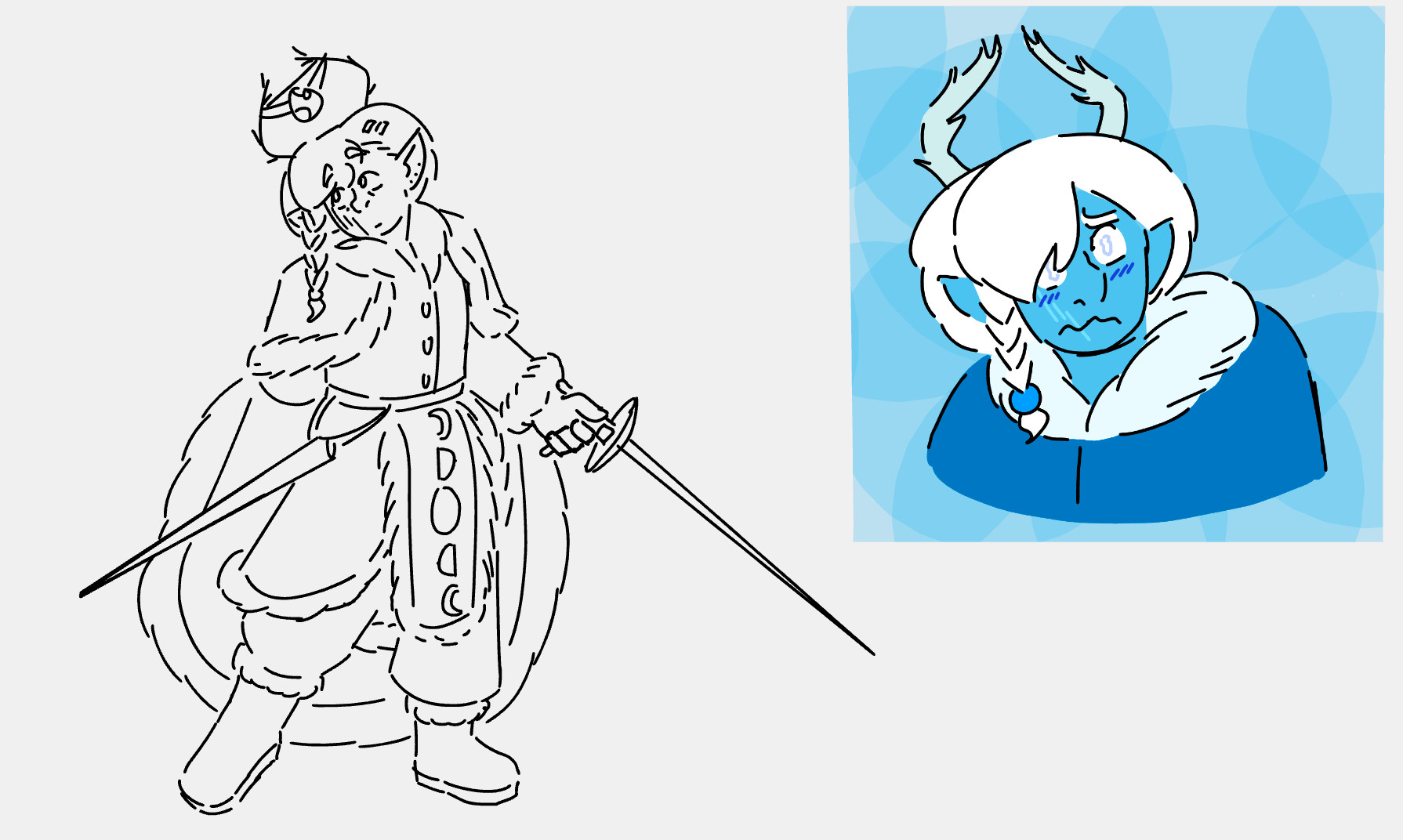 the drawing on the left is a flat line drawing of an elf dressed in winter clothing with a cloak. The edges of their outfit are lined in fur. They hold a rapier out to the side with their left hand and look up in the opposite direction with their other hand behind their back and their foot pointed. They have antlers on their head and a moon hanging in between them. 

The drawing on the right is a colored portrait of the same elf with a worried expression. They have blue skin, a blue cloak lined with white fur. their hair is white and their bangs hang over their right eye. They also have a braid next to their bangs that is held together with a blue bead. They have silvery-white antlers. Their eyes are white with an off white pupil. They have a series of scars over their mouth and eye on the right side of their face.