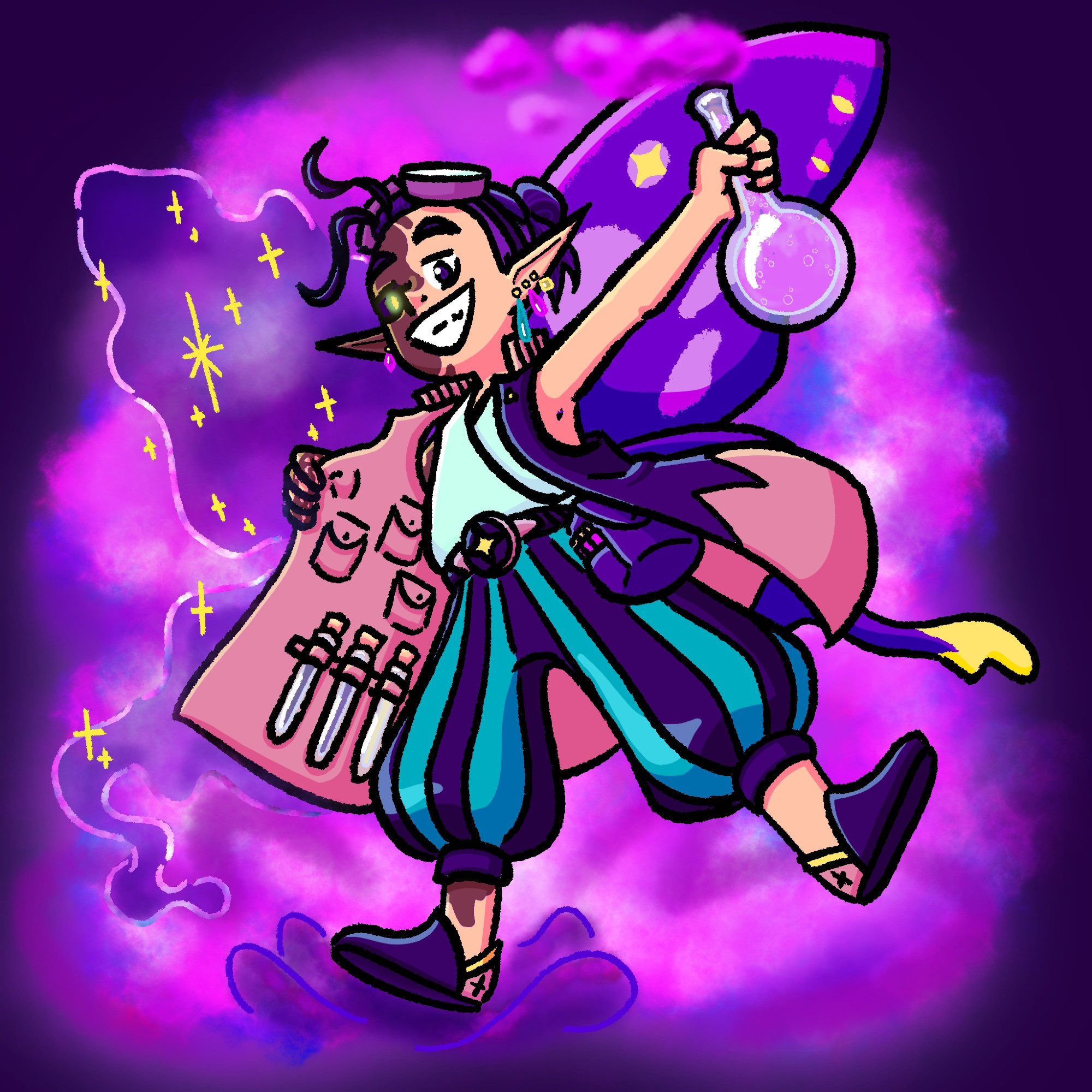 A drawing of a fairy alchemist. They're short with both sides of their head shaved, and the rest of their purple hair pulled back in a bun. Two strands stick out at the front and they have goggles on like a headband. They have a long sleeveless purple and pink lab coat with pockets and potions on the inside. They have a white shirt, pink and purple belt with an attached alchemy bag, and purple and blue stripped parachute pants. Their shoes are pink, purple and yellow. They also have 4 glass vial earrings.

Their left wing is purple pink and yellow and shaped like a butterfly wing, and their right wing wing made of purple smoke and yellow stars from when they blew themselves up with alchemy. The right side of their body is also burned from the same incident, and their right eye now has purple sclera and glowing yellow pupil. They float slightly over a bright pink cloud in the background, and hold up a smoking potion bottle.