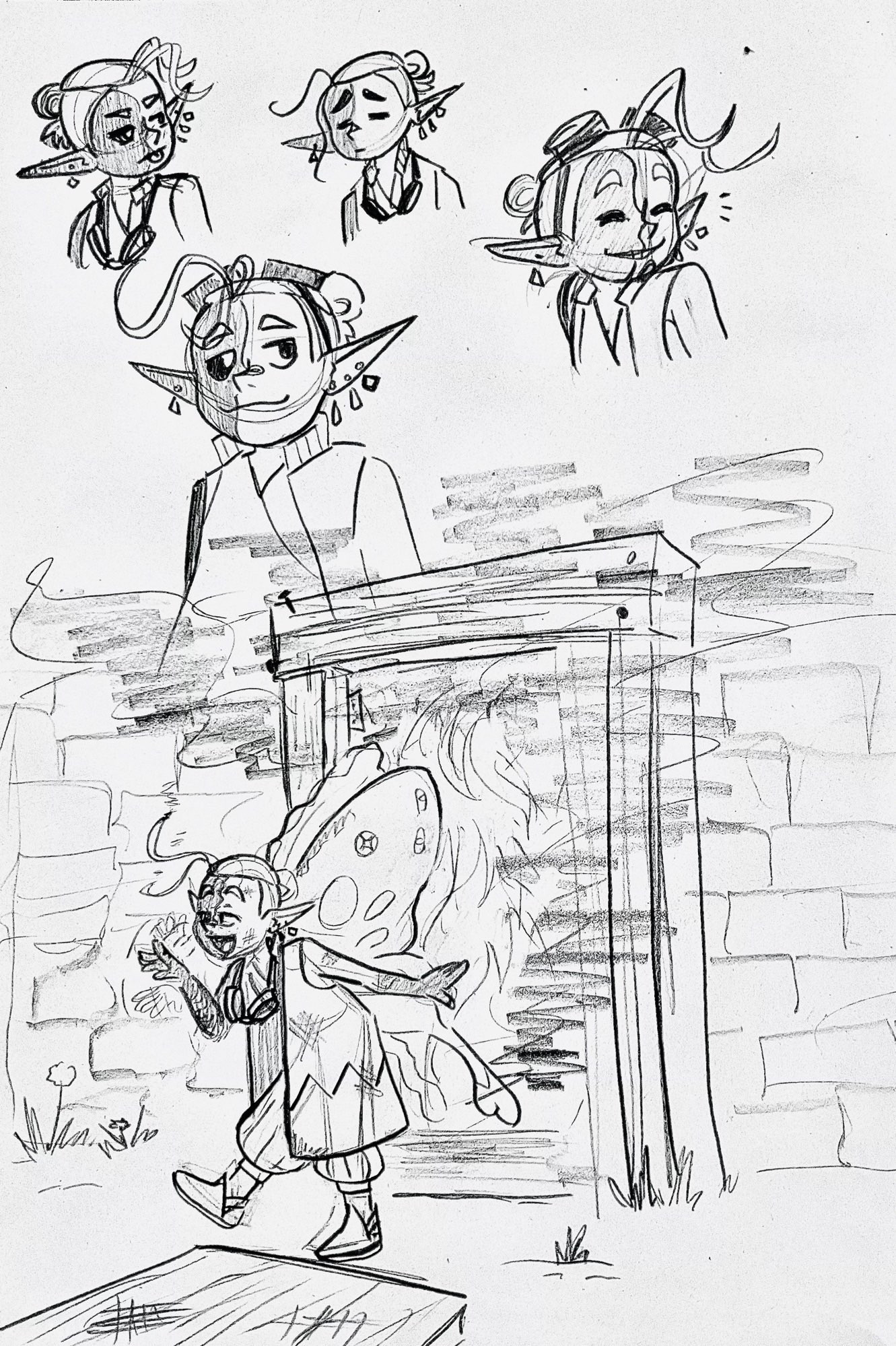 A black and white image of 5 sketches of Viorel, a fairy alchemist rpg oc. They have an undercut with the rest of their hair pulled back into a bun, many earrings in long elf like ears, and half of their body is burned leaving them with one glowing eye on the burned side. They wear a lab coat vest with a high collar and a shirt that wraps over itself. 

The top left doodle is a portrait of them looking behind themselves while sticking out their tongue. 

The top middle is a portrait of them looking deflated with their eyes closed and hair strands loose. 

The top right is a portrait of them smiling cheekily. 

The middle doodle is a basic portrait of them smiling and looking up to the right. 

The bottom doodle is a full body sketch of them leaning over and waving by too someone. A door is off its hinges and on the ground in front of them. Behind them is a brick wall and a doorway, which has fire in it and smoke pouring out.