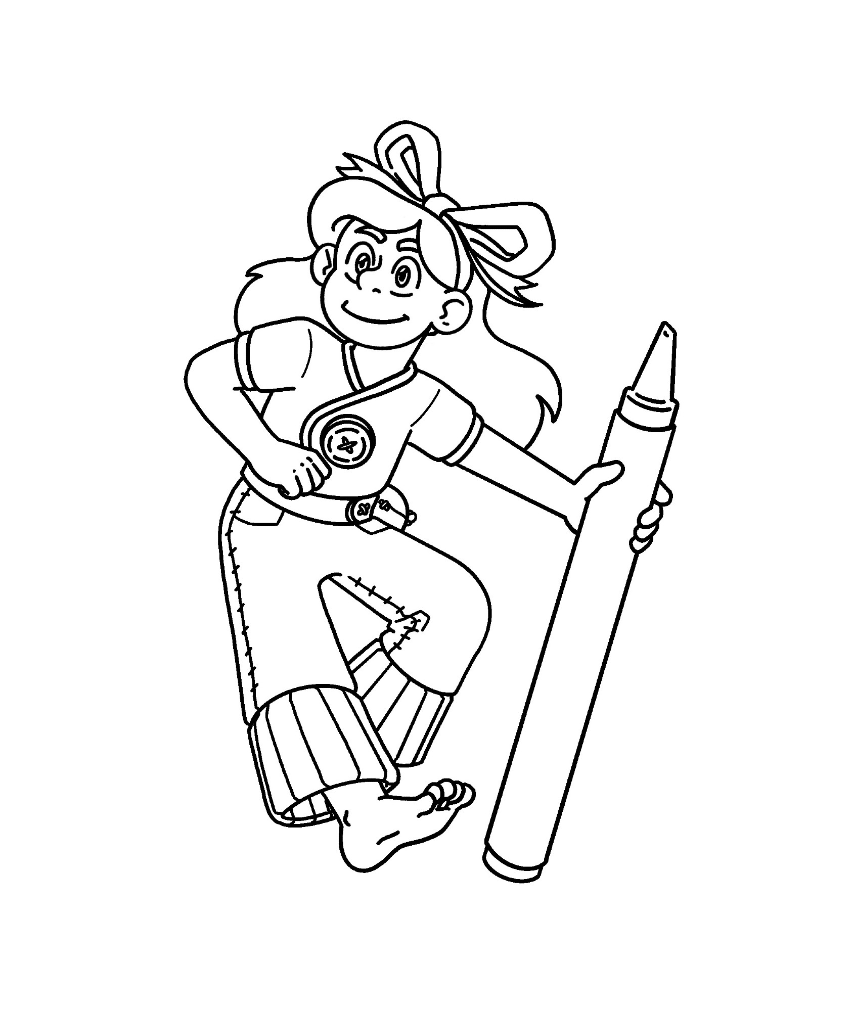 An inked piece of a borrower girl. She has long hair with a big ribbon in it as a headband. She is wearing a short sleeve shirt and long wide-leg pants and is holding a crayon as a staff.