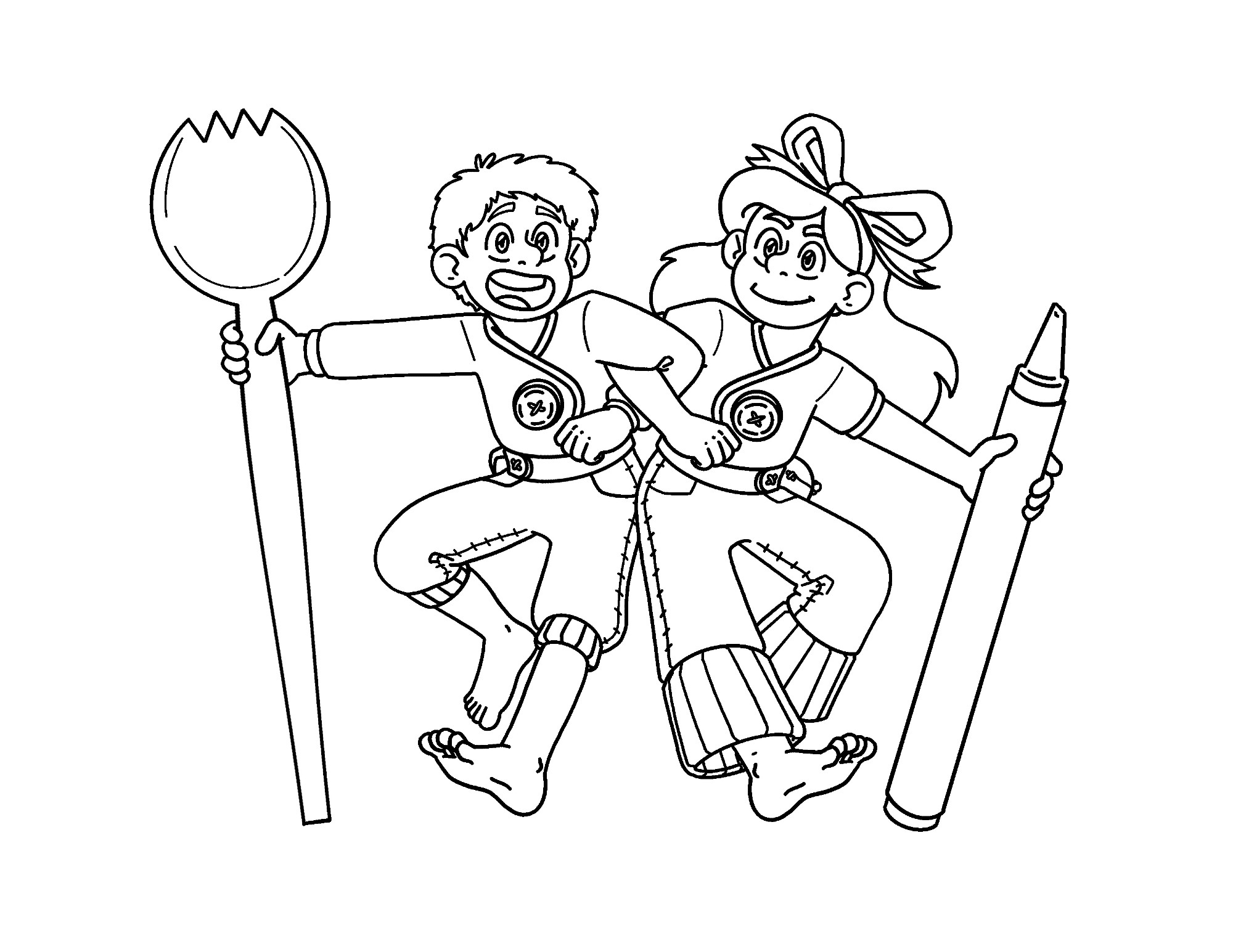 An inked piece of two borrower twins with their arms linked. The boy on the left has a long sleeve shirt and calf length pants, is holding a spork as a staff, and smiling with his mouth open. The girl on the right has long hair with a big ribbon in it as a headband. She is wearing a short sleeve shirt and long wide-leg pants. She is holding a crayon as a staff.