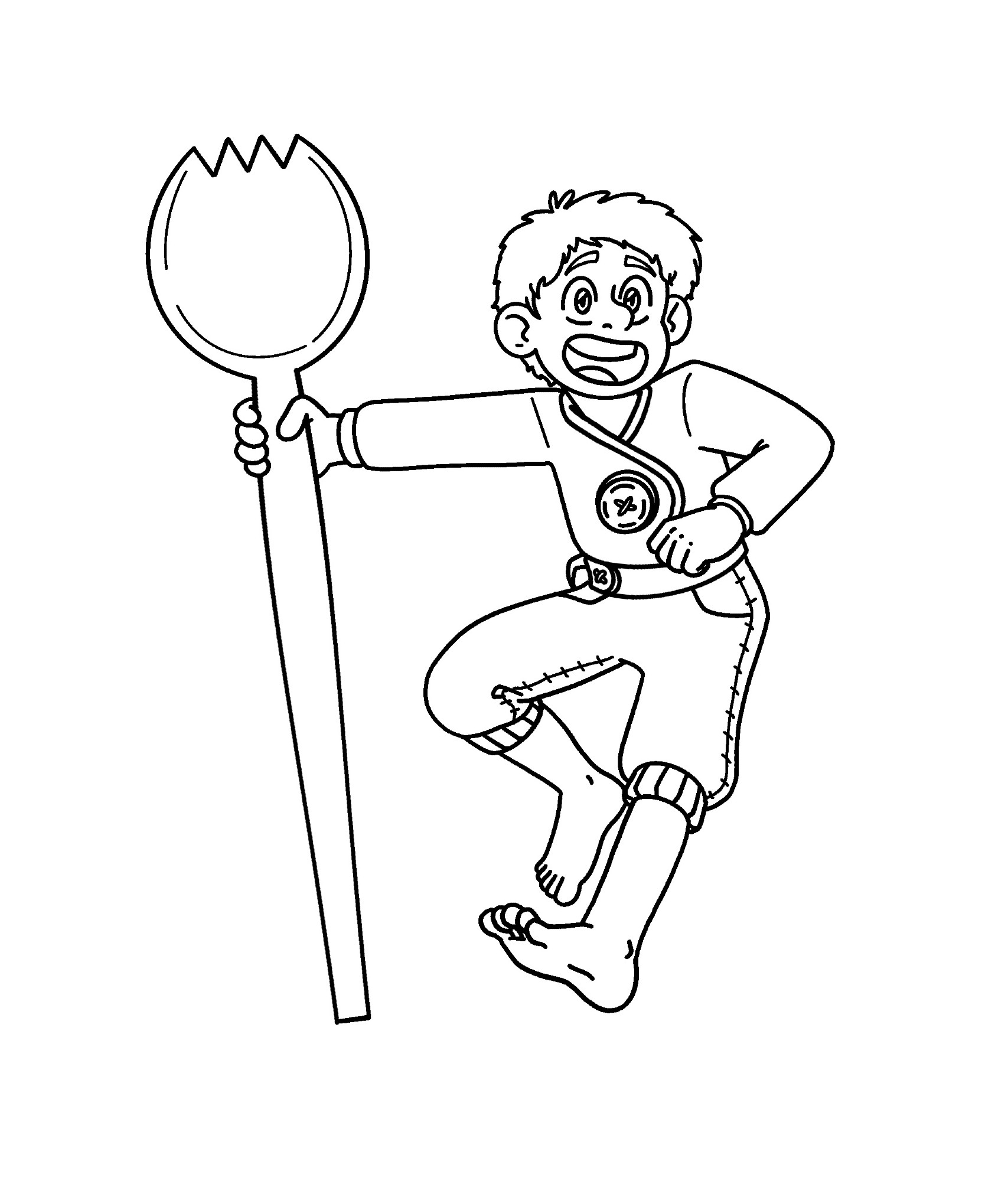 An inked piece of a borrower boy. He is wearing a long sleeve shirt and calf length pants, is holding a spork as a staff, and smiling with his mouth open.