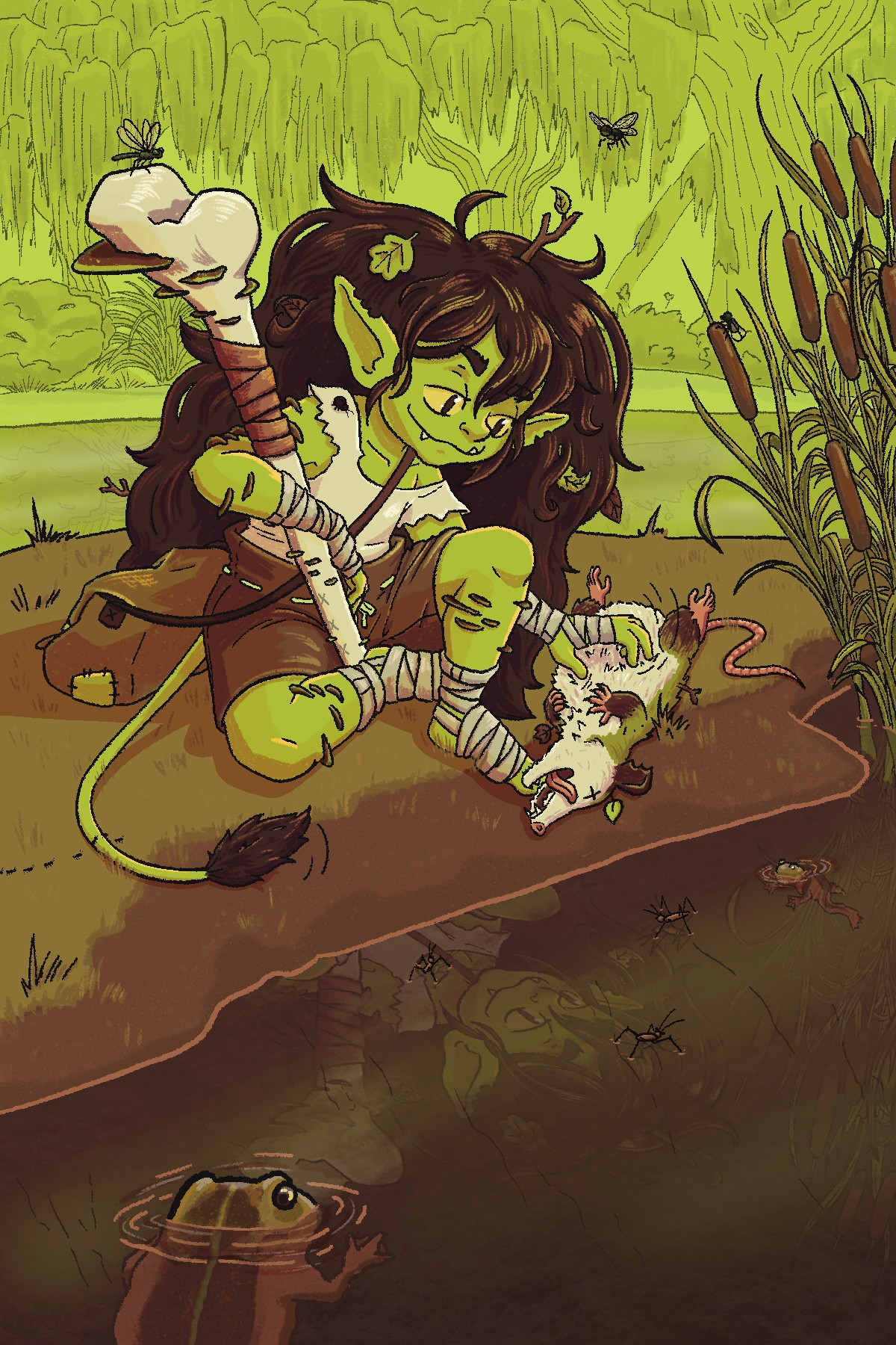 A sickly yellow/green and brown colored image of a small goblin, Meeps, sitting on  some grass in the swamp, nearby some cattails. Meeps is a green goblin with long, messy brown hair that has sticks and leaves in it. Her eyes are yellow and she has some bites taken out of her ears, along with some shelf mushrooms growing on her arms and legs. She's wearing a tattered white shirt with one sleve falling down, brown shorts, and she has bandages around her hands and wrists as well as around her feet in place of shoes. She is scratching the belly of a dead but necromancied back to life possum. You can see her reflection in the brown water, along with some frogs, water skimmers, and a bunch of bugs that are hovering around her. She is smiling, with a couple of sharp teeth popping out of her mouth, and her tail is flicking happily. Meeps is also holding a big bone staff with shelf mushroom growing off of it, and a dragonfly perched on top.