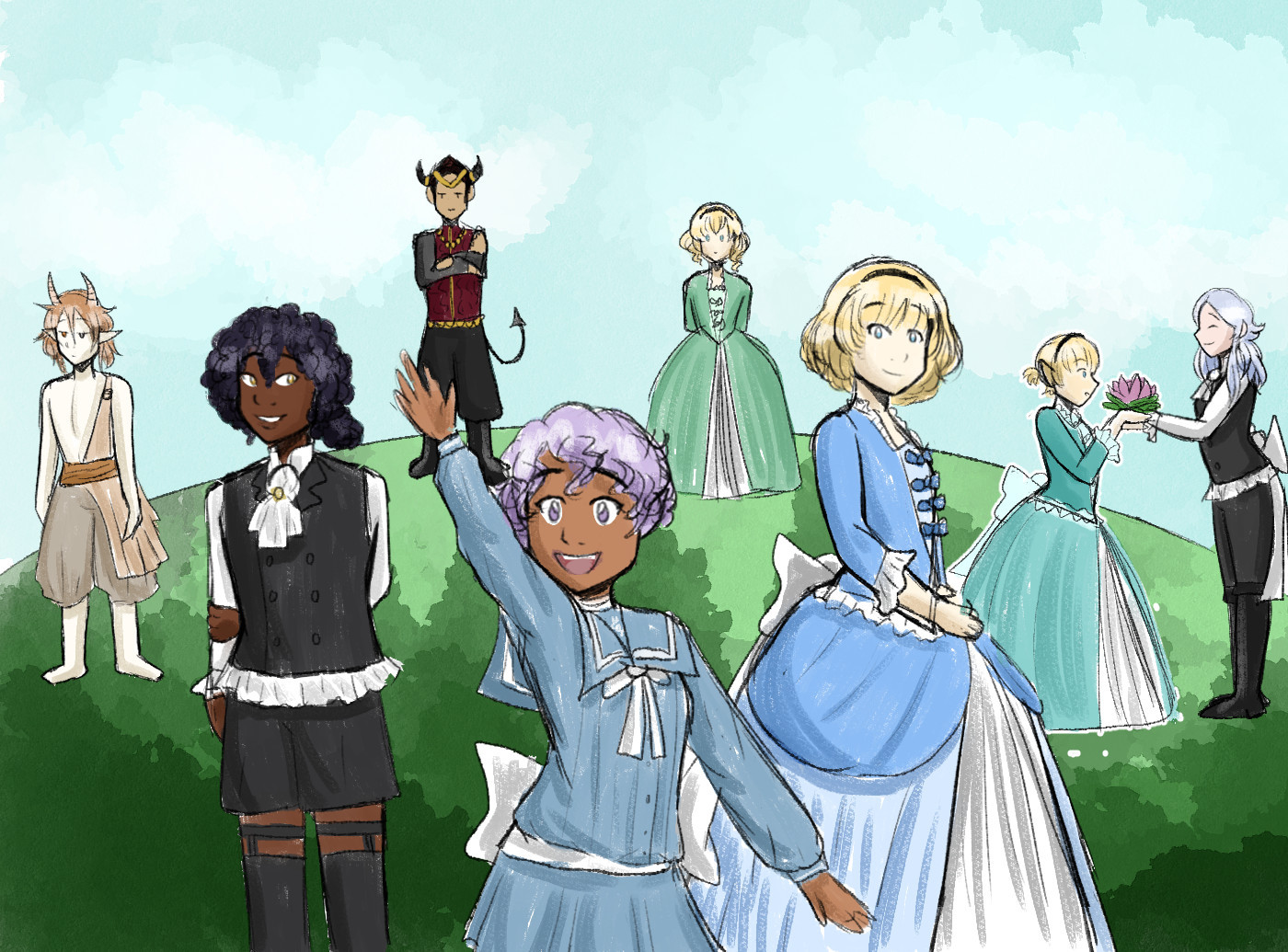 A watercolor painting of my OCs as children. They are standing on a grassy hill with a cloudy sky.

Sidonai, age 7, stands in front, smiling and waving at the viewer. He is wearing a grey-ish blue, Victorian sailor outfit. His hair is short and curly.

Behind him is Mihr, age 9, and Kasadya, age 10. Mihr smiles shyly and stands with his left arm behind his back, grabbing the right from behind. He wears a black, frilly waistcoat, a white cravat, short black trousers, and black stockings and garter belts. His hair is shorter than usual, and pulled up in a ponytail.

Kasadya is facing sideways, but smiles at the viewer, with her hands folded in front of her. She wears a light blue, Rococo-style dress with a large white bow in the back. Her hair is cut at a short bob and she has a black headband.

On the far left is Abaddon, age 12. He stares listlessly and stands limply. He wears dark beige, baggy pants, and has a light brown garment draped over his left shoulder, tied with a dusty-orange belt. His hair is neck-length, choppy and light brown. He has two even horns atop his head.

On the far right is Caym (pre-transition), age 10, and Sytry, age 16. Caym is standing sideways, staring in awe at a lotus blossom he holds in his hands. He is wearing a teal-colored, Rococo-style dress. His hair is short and pulled into a small ponytail in the back, with a black headband on top.

Sytry stands sideways and is facing Caym, holding the lotus blossom together. He smiles at him. He wears an outfit similar to his brother Mihr's. He wears a black, frilled waistcoat,  with a large white bow in the back. He wears black pants with knee-high black boots. His hair is long and down, reaching his upper back and shoulders.

In the far back are Paimon, age 12, and Uphir, age 10. 