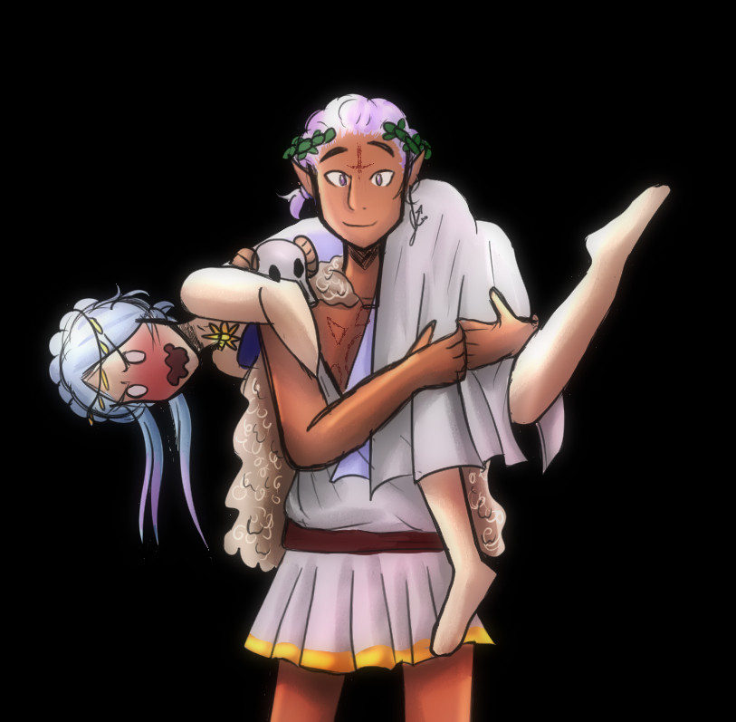 A picture of two OCs. Sidonai is standing and holding Sytry over his shoulder. Sytry is dangling behind Sidonai's back and is wearing a white and purple toga, with his hair braided behind his head. He is wearing a shocked and embarrassed expression and is blushing deeply. Sidonai holds Sytry by his legs. He is wearing a white and gold toga, a shawl made of goat-hide, a goat skull pauldron, and green laurels on his head. He looks excited and eager.