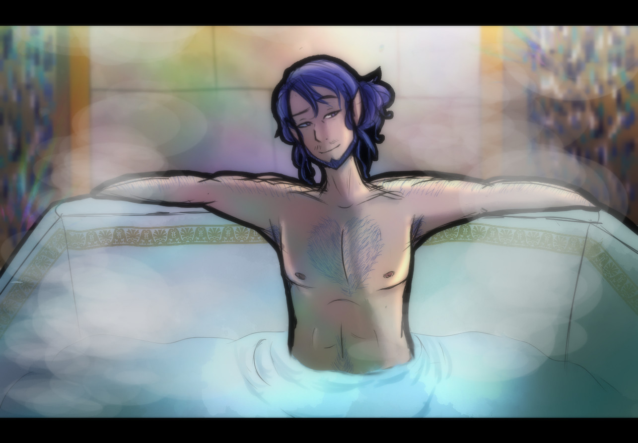 A drawing of my OC, Asmodeus. He is lounging in a large, white, marble bath. His hair is tousled and thrown into a messy bun. He smirks at an individual off-screen. The bathhouse in the background features mosaic panels and gold detailing. There is steam rising from the bath.