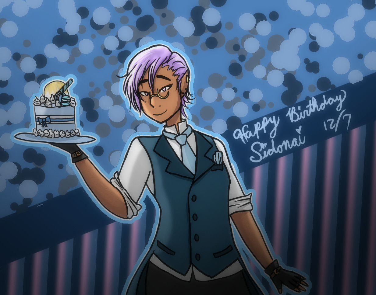 A drawing of my OC, Sidonai. He is standing against a blue, patterned background and is holding a platter with a cake in his right hand. His hair is slicked back on one side and brushed over the other side. He has a gold monocle over his left eye. He is wearing a white, button-down shirt with the sleeves rolled up, a dark, teal waistcoat, black trousers, and a light blue tie. He wears fingerless gloves on his hands. He is wearing a serene expression and smiles. The text on the image reads "Happy Birthday Sidonai  12/7"