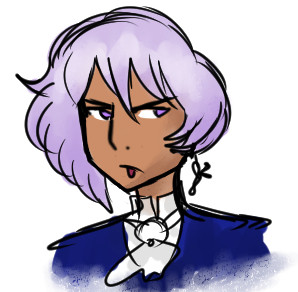 A drawing of my OC, Sidonai. He has tawny brown skin, sharp violet eyes, a long nose, and his tongue is peeking out past his lips like a cat. He is scowling and his eyebrows are furrowed. His hair is light lilac and is cut in a straight, asymmetrical bob. He is wearing a blue waistcoat with a white cravat.