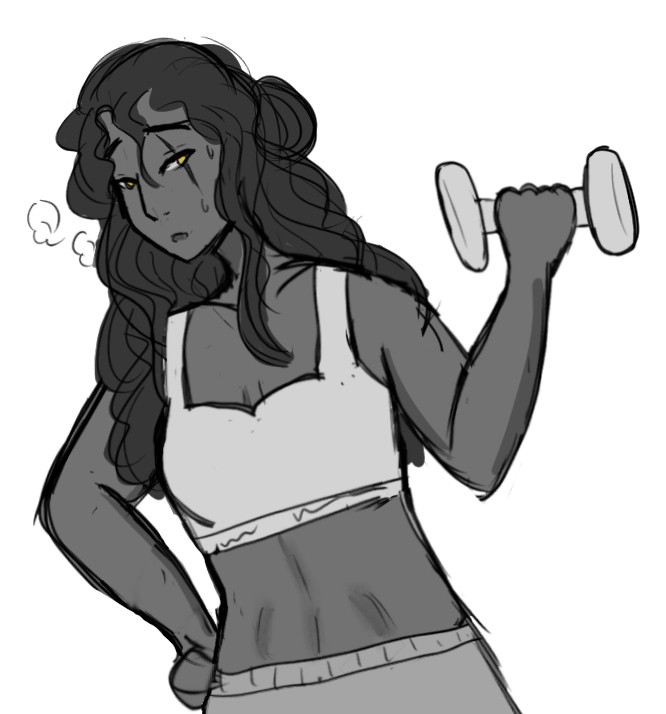 A monochrome-colored sketch of my OC, Sabrael. She is wearing a sports bra and shorts, and is lifting a dumbbell in her left hand. Her face has a stoic expression. Her prominent muscles can be seen on her arms and abdomen