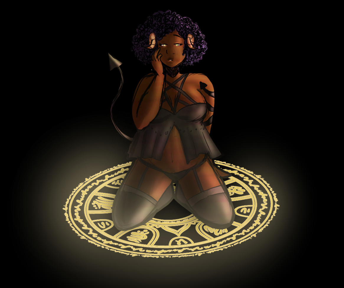 A painted sketch of my OC, Sathanus. She is wearing black lingerie, with an inverted pentacle harness on her chest, and stockings on her legs. Her hand is touching her face and she is wearing a sultry expression. She is kneeling atop an activated magic circle.