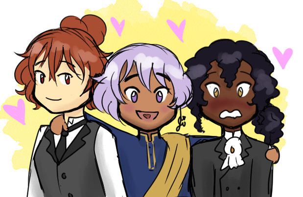 A picture of three of my OCs. On the left is Terrance, who has fair skin, crimson eyes, and messy auburn hair tied in a bun atop his head. He is wearing a gray waistcoat, a black tie, and a white button-down. He is calmly smiling. In the middle is Sidonai, who has tawny brown skin, violet eyes, and a light, lilac bob. He is wearing a blue kurta with a gold dupatta. His arms are around his two lovers and he wears a wide smile. Mihr is on the right, and has sepia-brown skin, golden eyes, and long, black, textured hair. His hair is pulled into a low ponytail. He wears a black suit with a white cravat. He blushes and wears a shocked expression