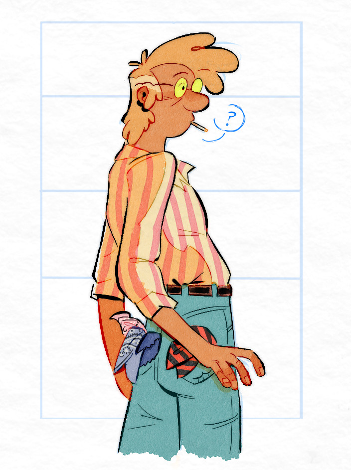 A drawing of Fiddleford McGucket, somewhere in his mid 20's to early 30's. He has a cigarette in his mouth, and his back is slightly turned to the camera, where we can see various handkerchiefs poking out of his jean back pockets. In the left pocket there's light pink, gray, and navy blue (in microfiber cloth form). In the right pocket there's red with black stripes. 